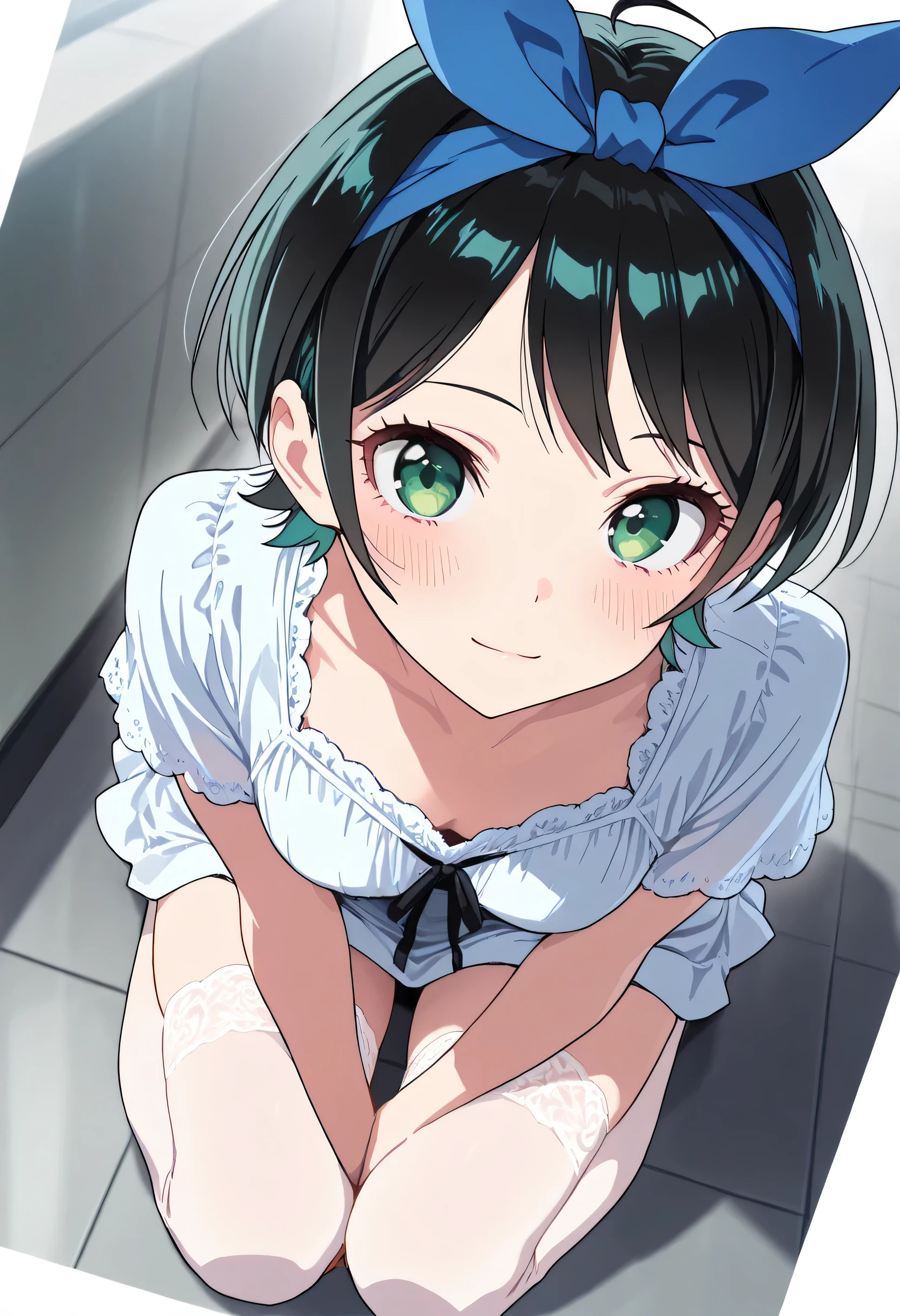 score_9, score_8_up, score_7_up, source_anime, 1girl, (Ruka Sarashina, short hair, bangs, black hair, ribbon, green eyes, hair ribbon, headband, blue headband), ahoge, best quality, masterpiece, ultra-detailed, high quality, highres, pretty woman, beautiful, beautiful and perfect face, light smile, beautiful formal short dress, looking at viewer, cute white heells, transparent white high stockings, blush, solo, full body