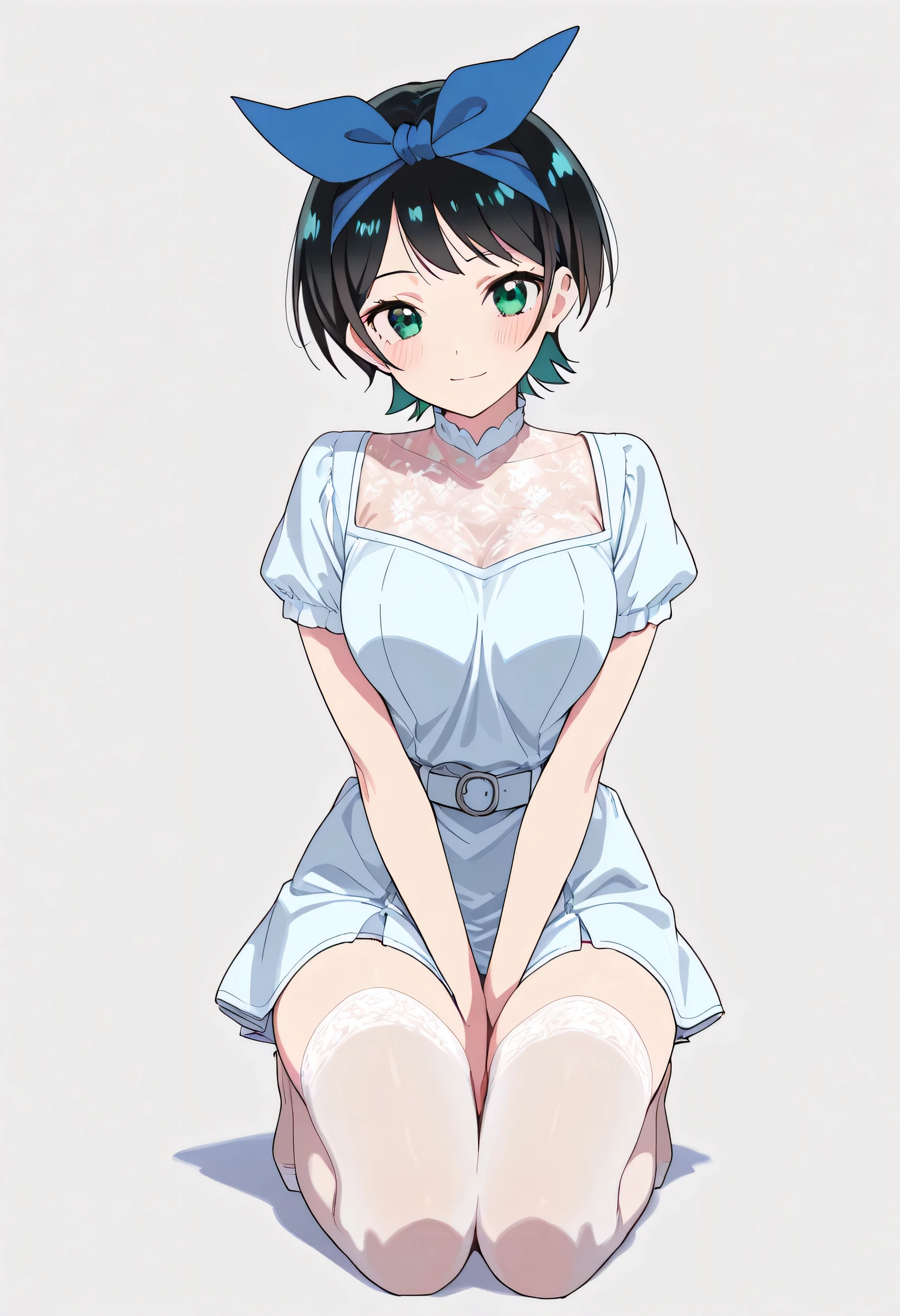 score_9, score_8_up, score_7_up, source_anime, 1girl, (Ruka Sarashina, short hair, bangs, black hair, ribbon, green eyes, hair ribbon, headband, blue headband), ahoge, best quality, masterpiece, ultra-detailed, high quality, highres, pretty woman, beautiful, beautiful and perfect face, light smile, beautiful formal short dress, looking at viewer, cute white heells, transparent white high stockings, blush, solo, full body