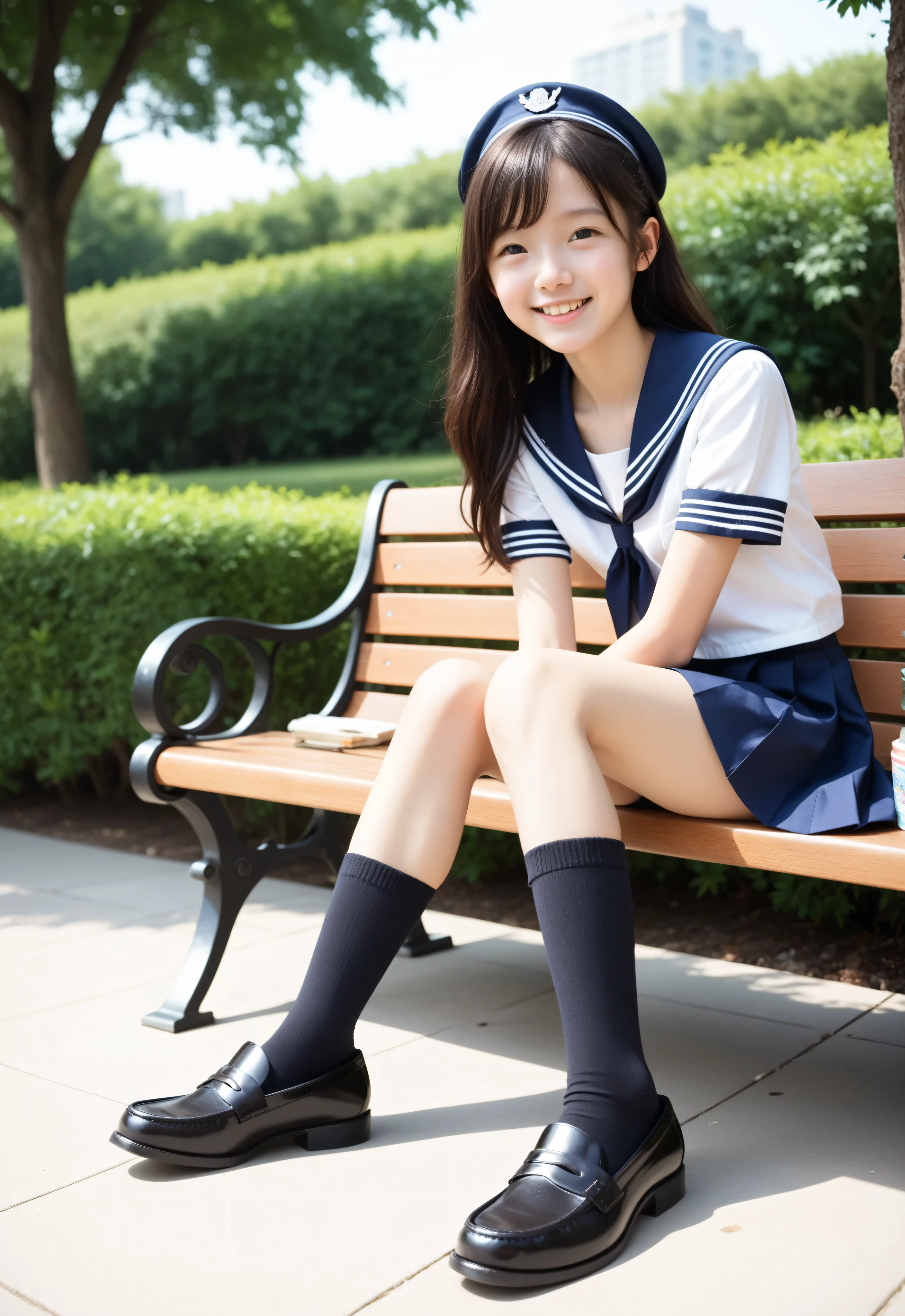 Pure Japanese school girl, sexual attractive, outstanding body, beautiful legs, shiny white skin, wearing loose uniform, blue panty, natural black short hairstyles, sweet smile, sitting on bench, refreshing in early summer morning, composition from the front,