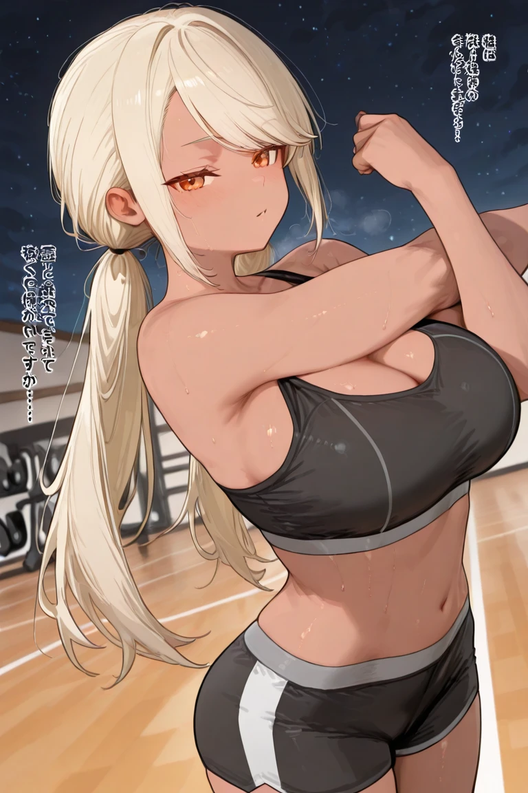 (Mastepiece, best quality, absurdres), close up shot, 1girl, mirkodef, dark skin, muscular, rabbit ears, mature female, holding a basketball in one hand, lifting shirt with one hand, underboob, wearing a basketball jersey, basketball court, looking at wiewer, (exhausted, sweating), medium , 8k intricate illustration, dynamic pose, cinematic lighting, volumetric lighting, vibrant colors, ray tracing, intricate details, 