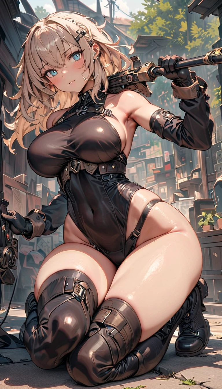 ((Masterpiece)), ((Best Quality)), ((HD 4K)), ((Best Anatomy)), 1 girl, pale skin, eyes, ear, nose, mouth, neck strap, shoulders, ((full military uniform)), ((WWII)), arms, belly, legs, thighs, background scenery