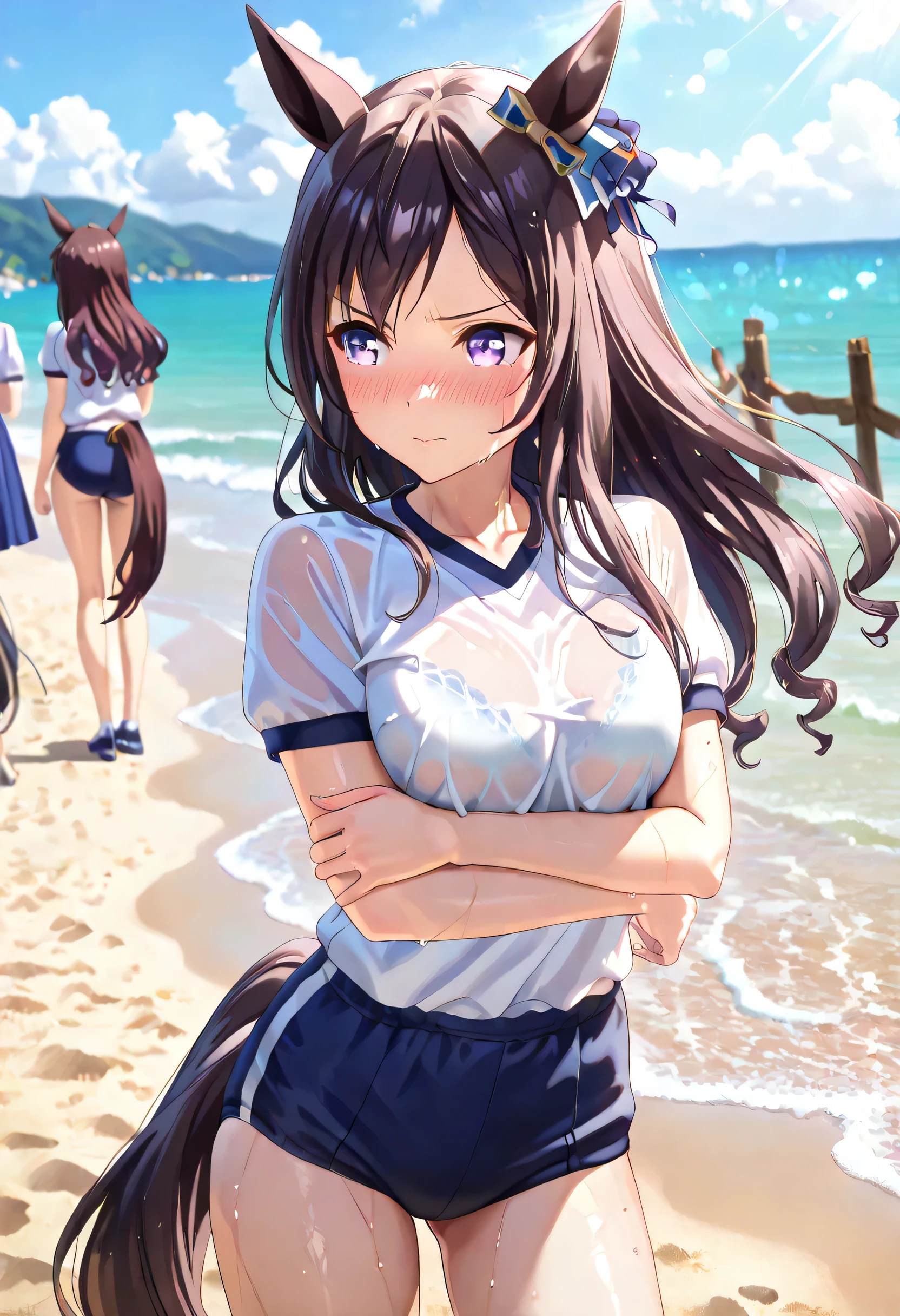 ((ultra-detailed)), (highly detailed CG illustration), (best quality:1.2), ultra-highly detailed, colorful composition, artistic photoshoot, 1girl, solo focus, thigh to top:1.2, cowboy shot:1.2, moe anime character, round face, rounded chin:1.2, short height, MDober,black hair,purple eyes,horse girl,long hair, , white short sleeve gym uniform with navy blue rim:1.3, navy blue school gym buruma:1.3, sweat:1.2, wet clothes:1.2, gentle smile blush:1.3, holding two scoops of sweet corn Ice cream in both hands:1.3, colorful lce cream:1.3, Standing at the Beach:1.3, beautiful sky, from front:1.2, dynamic pose, contrapposto pose:1.3, best quality, expecting, pink cheek, blush, light pink gloss slip, portrait, depth of field, sparkling sunlight, lighting, backlighting, shine, lighting, caustics, ray tracing, perfect face, lustrous skin, highly detailed face, highly detailed eyes, perfect face, perfect nose, perfect hair, perfect eyes, perfect , beautiful hair, beautiful small face, extremely detailed face, beautiful detailed eyes, beautiful clavicle, beautiful body, beautiful middium , leavage, squeezed together, equalize the size of the left and right , beautiful thin thighs, beautiful legs, beautiful fingers, (4 fingers), 1 thumb, lovely, (very detailed background:1.0), (highly detailed background:1.0), summer aesthetic, intricate details, festival atmosphere, summer colors palette, chromatic aberration