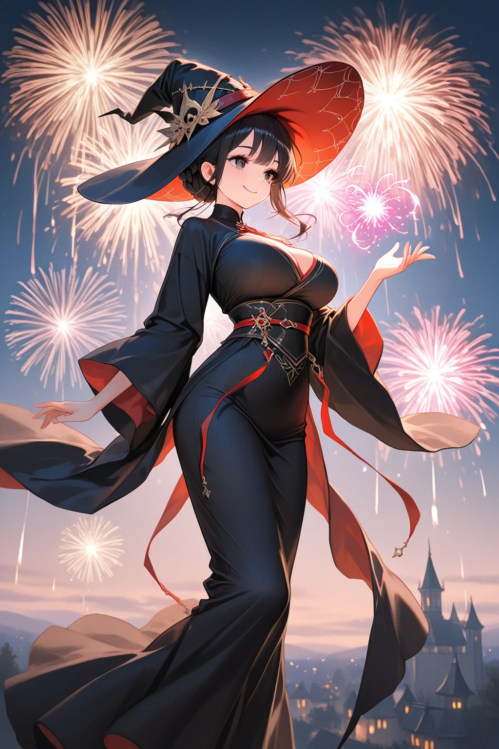 Witch with cat and fireworks in the background, black - haired mage, Seductive Anime Girl, Green eyes, flirty anime witch casting magic, ArtGerm. Anime Illustration, very detailed Artgerm, pretty sorceress, range murata and artgerm, beautiful alluring anime woman, beautiful sorceress, ArtGerm on ArtStation Pixiv