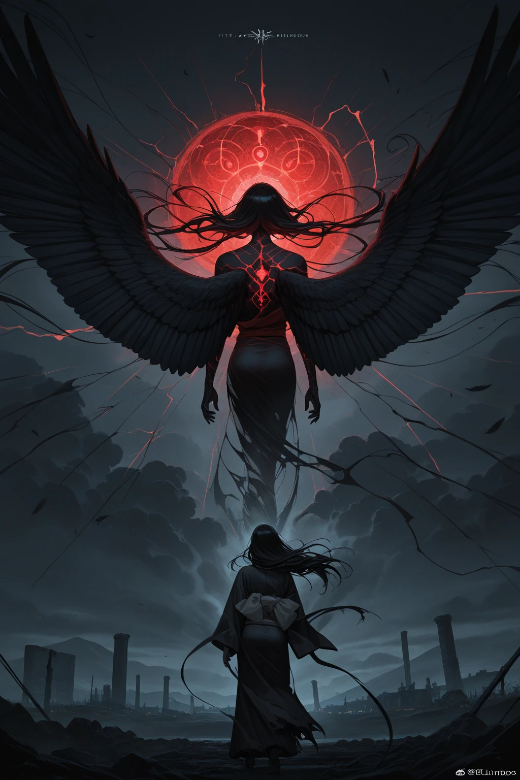 a woman with two birds on her head and a red circle in the middle of her face with a white circle in the middle, Beksinski, artem demura, an ultrafine detailed painting, neoplasticism
