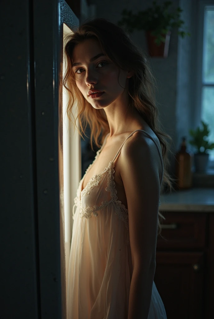 German woman, wearing net nighty, kitchen