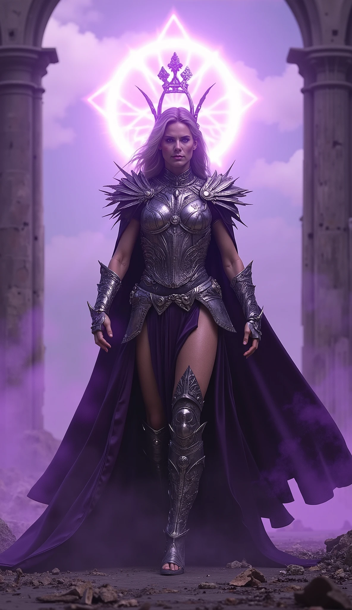 Sandra Bullock as Sindel,foco no rosto waist-up shot, wearing royal silver-and-purple gladiator armor with flowing cape and spiked pauldrons, glowing crown-like headpiece. No mask, intense regal gaze. Walking slowly toward the camera, camera tracks every step, keeping razor-sharp focus on her face and intricate armor details. Background: gothic ruined arena with shattered pillars, swirling purple mist, massive glowing 'APEX' hologram in the sky. 4K ultra photorealism, cinematic lighting