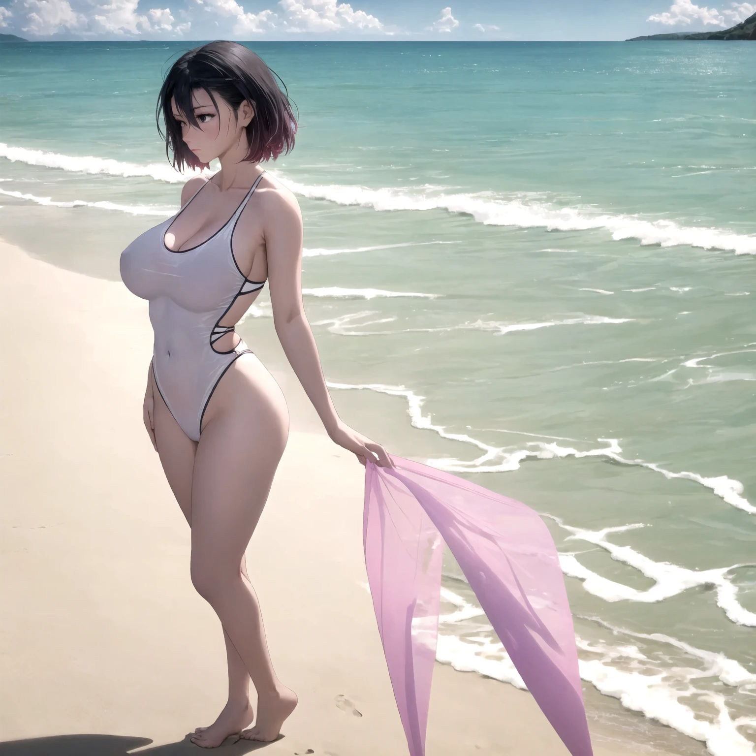 Anime girl with dark bluish hair in CALCINHA PINK and corset, 16 years old, beautiful body, big breasts, with her hands on her waist, hands in her hair, Sexy girl, bluish hair, side strands of hair with a pink bow, strands of hair with a bow on the side of the face, beautiful lighting, soft shadows, brown eyes, beautiful toned legs, short hair, anime style, hand on the waist, hand in the hair, character Akane Tendo, Author Rumiko Takahashi, Based on a work by Rumiko Takahashi, Anime Ranma 1 / 2, sexy cleavage, robust hips, full body, full body, big bust, young girl with nice and beautiful body, sandals on her feet, girl 16 years young, wearing CALCINHA PINK E corset, anime girl, anime style, beautiful feet in sandals, outdoors, big breast, beautiful breasts, black hair, sandals on feet, beautiful legs, sexy, beautiful legs, Sandals, big breasts, full body, full body, feet with sandals, big bust, 45º viewing angle
