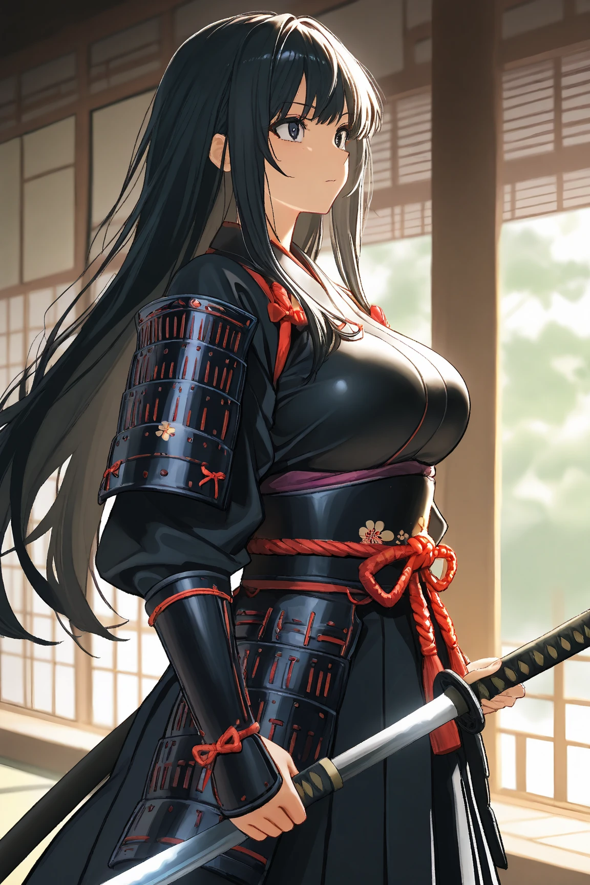 female, solo, cape, large breasts, massive breasts, armor, katana, samurai, black hair, high ponytail, bangs, yellow eyes, armor, cleavage, battle, warscene, blood on face, serious look, drawing a katana, full body