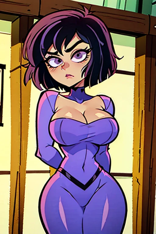 1990s, (masterpiece), high-definition, detailed face, korean girl, abs, (big tits: 1.4) big hips, messy (dark purple and blue hair), orange eyes, grey turtleneck sweater, jacket, (red tight skirt: 1.3), belt, (thong: 1.4), thigh high stockings, boots, fishnet, living room, sitting on a couch, sunset
