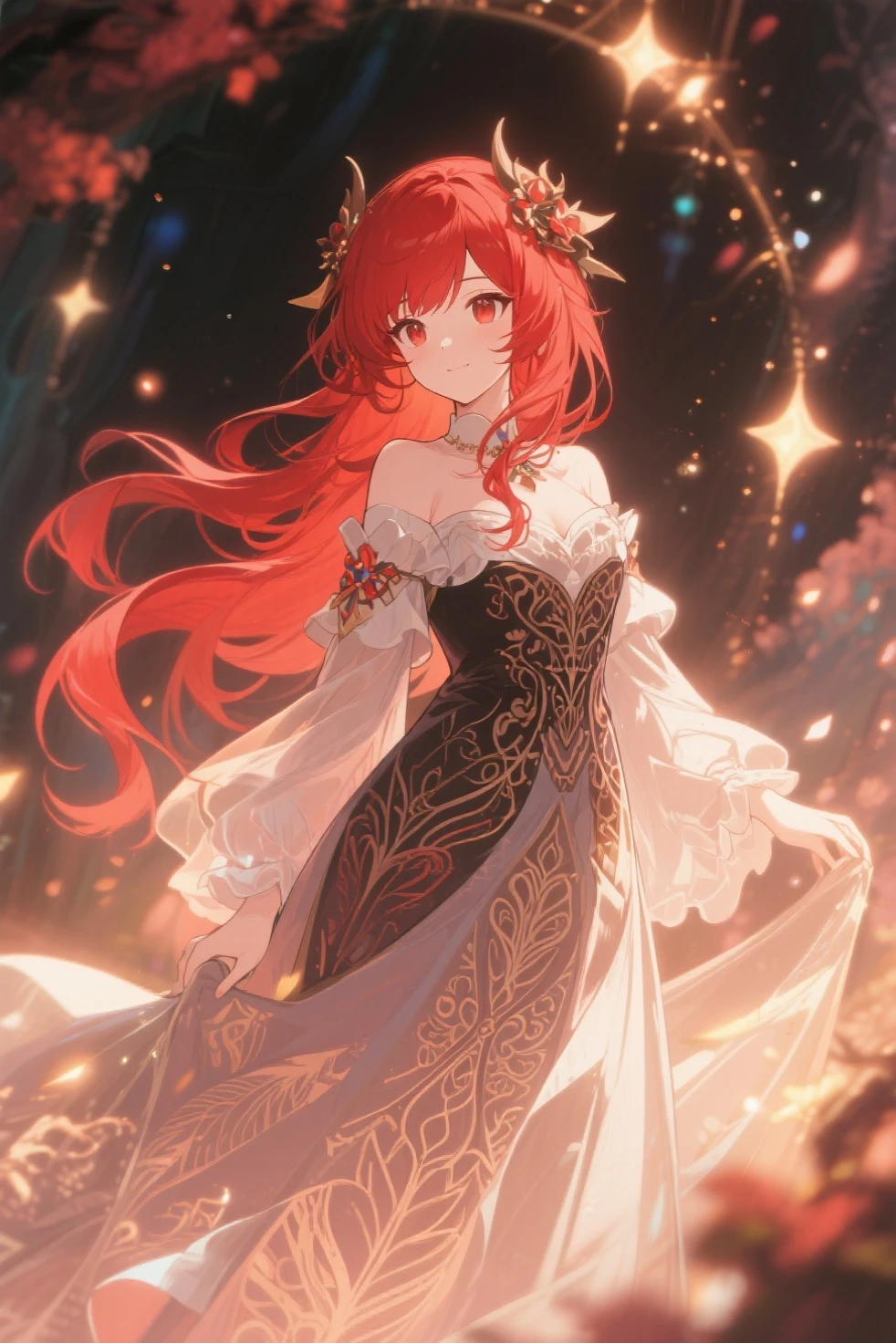 girl,beautiful,red hair,green eye,princess dress,black,The atmosphere has roses.,sponge,marble,gold glitter,Two colored diamond dust,creeper,blue rose,fit,The chest is not large.,white skin