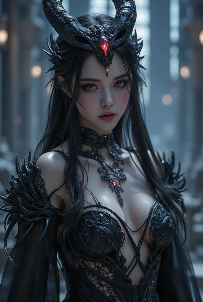 Analog style, ((intricate details)), full torso shot, cold lighting, beautiful, (pale gothic evil princess), (black hair), (intricate), ((skeletal skimpy onyx dress armor)), (intricate jagged obsidian crown), dynamic pose, windblown hair, perfect face, (realistic eyes), round iris, (((red eyes))), perfect eyes, intricate, complex, Helios 44-2, swirly bokeh, trending on artstation, sharp focus, studio photo, intricate details, highly detailed, sharp, dnd character portrait, (oil on canvas), perfect lighting, Masterpiece, detailed background, portrait by artgerm and greg rutkowski, cinematic lighting, 8k