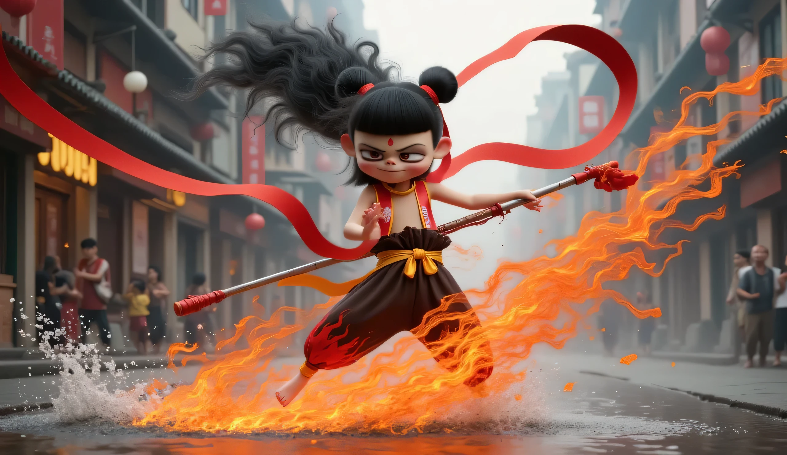 hand-painted style Nacha sneaks through a busy street with 28 big bars on a bicycle,Red damask floats around her waist