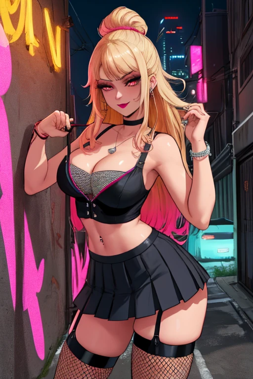 (masterpiece), (highest quality), (super detailed),(messy hair),(figure), (1 girl), (cool otaku clothes), Are standing, looking at the viewer, (bar background), neon, shine, detailed and beautiful eyes,(high color saturation),(colorful splashes),colorful bubble, ((Improve)), long blonde hair, messy bangs, pink lipstick, normal chest, (cleavage), best lighting, best shadow,