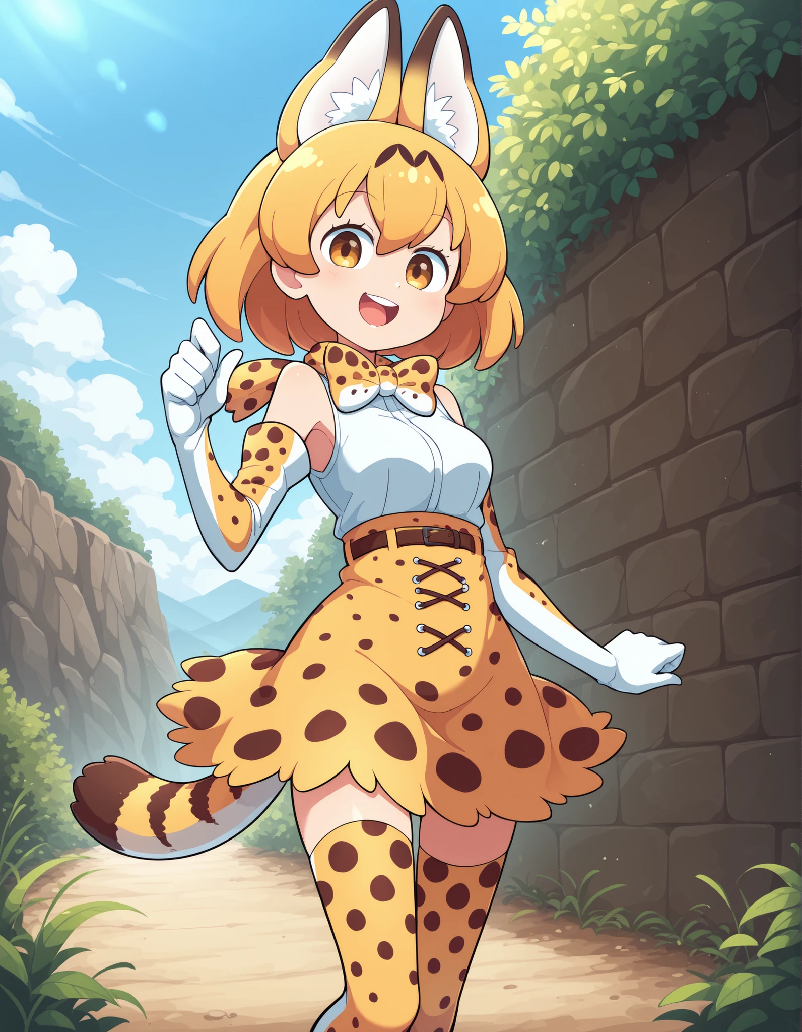miwako,, (ultra hd quality details), outdoors,
solo, 1girl, servalkemono,
print legwear, print gloves, print bowtie, tail, sleeveless shirt, high-waist skirt, serval print,
looking at viewer, open mouth, smile, teeth,
standing,
 