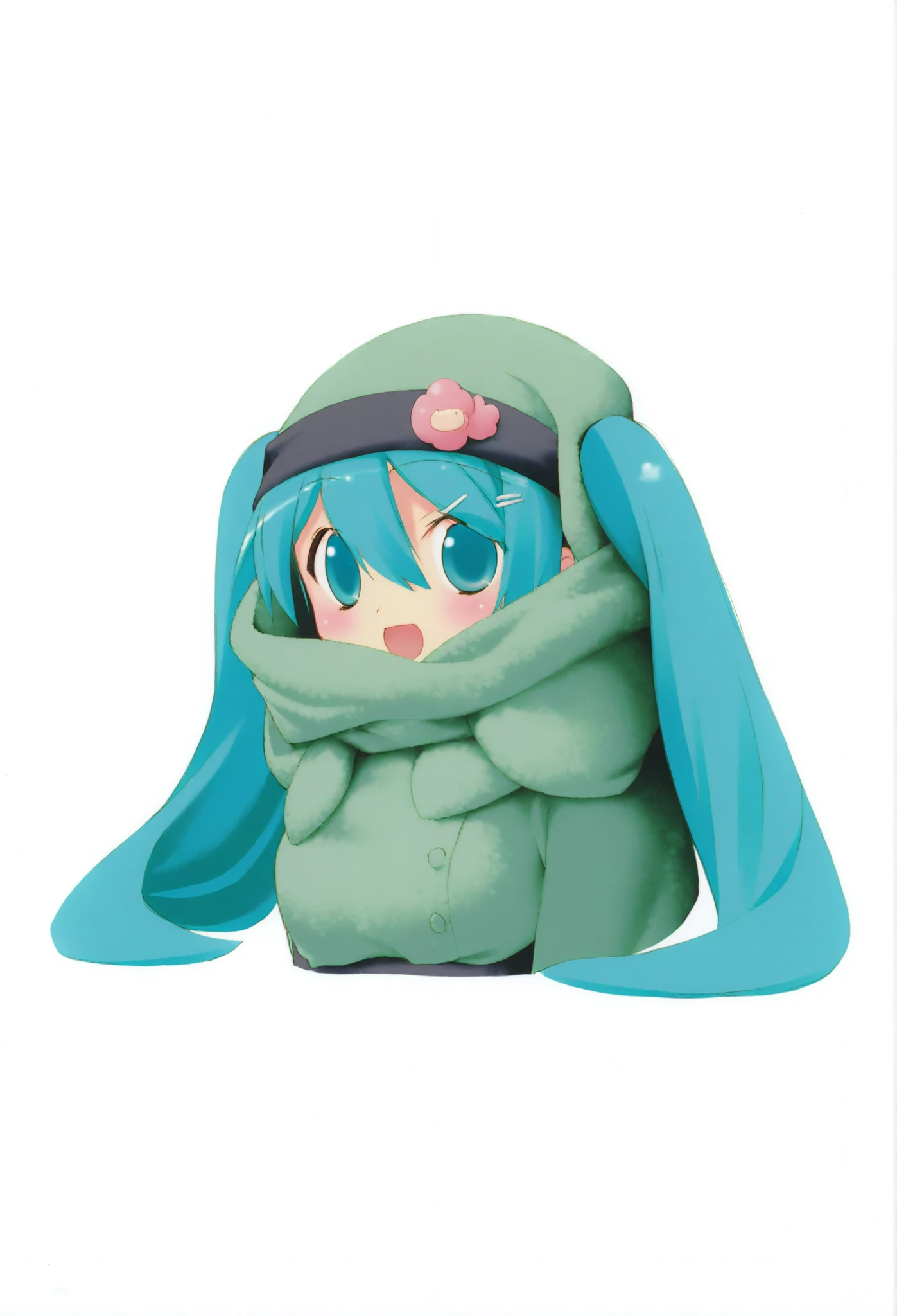 Highest Quality、masterpiece、Good quality、software、1girl、solo、aqua hair、aqua eyes、portrait、hairpin、Scarf、upper body、blush、smile、open mouth、viewers、4K、8K、high resolution、Masterpiece、Super Detailed、real、写真real、HDR、UHD、Studio Lighting、Super fine art、Shah、lush background、Graceful Posture、Exquisite Clothing、Graceful Atmosphere、soft light