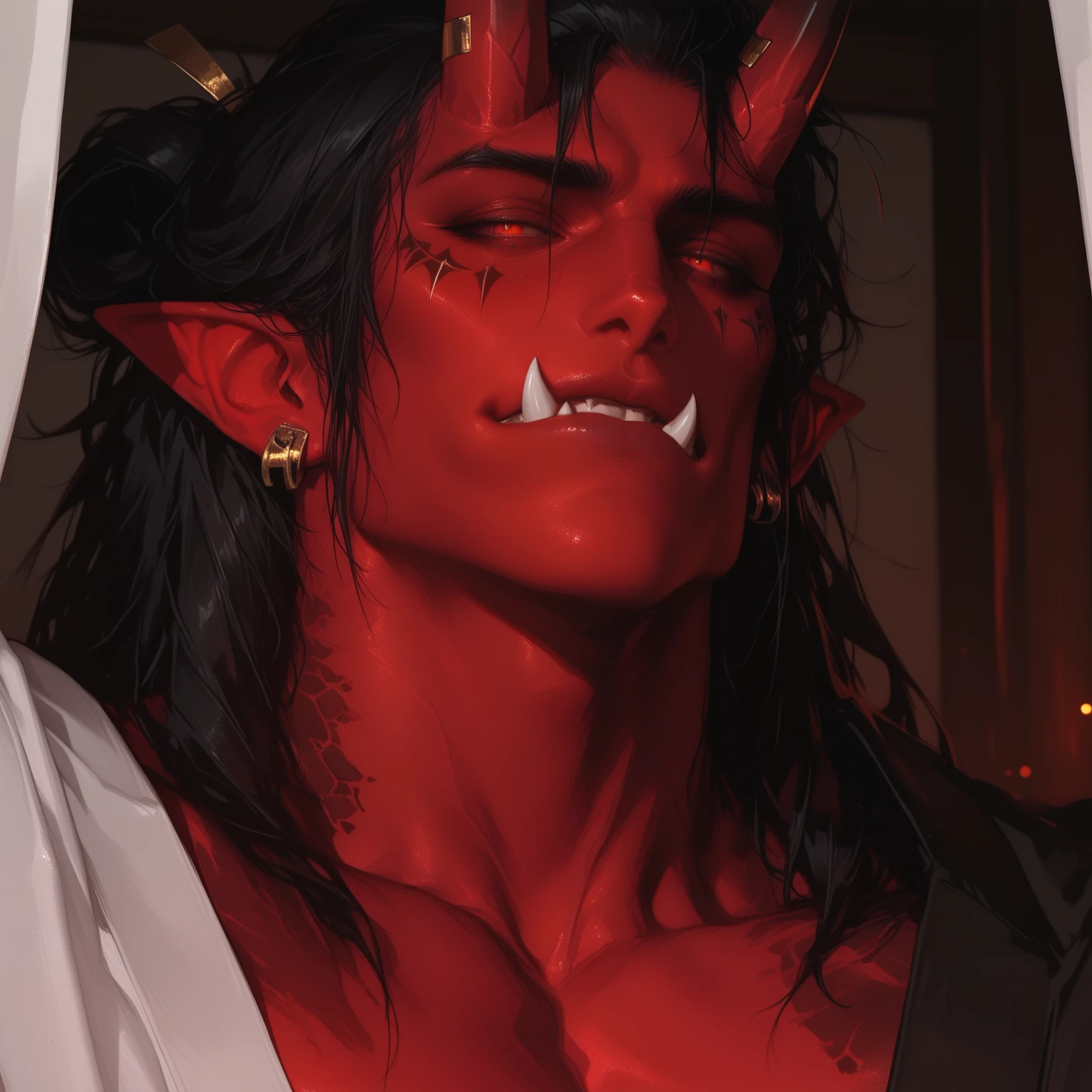 ((best quality)), ((masterpiece)), (detailed), (((Male dog))), (((dark red eyeshadow))), (((dark red eyeshadow))), standing, looking up at the viewer, (((only two horns))), ((smile)), (((half-lidded eyes))), (((half-lidded eyes))), (((perfect face))), (((symmetrical face))), (((penis in his mouth))), (((handsome face))), (((feral))),