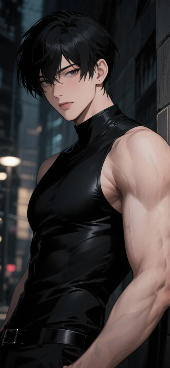 "(The best quality, 4k, 8k, High Resolutions, Masterpiece:1.2), ultra detailed, (realist, fotorrealist, fotorrealist: 1.37), Manhwa, ( man 20-30 years old), demonic, elegant, masculine, dominant, attractive, , una mirada arrogant, (messy hair, black hair), fringe that covers his forehead, perfect and detailed face, big body, muscular, ectomorfo, Without beard, demonic smile, mocking expression, arrogant, Dynamic pose with a black cape, pumped body, good , (dressed in a black long-sleeved shirt, black turtleneck, black denim pants, heavy boots, black leather gloves on both hands, long black horns facing back), (detailed eyes, Even the eyes)