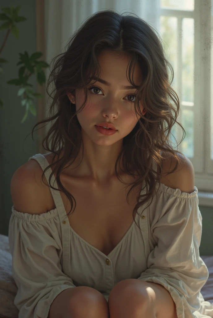 bloom, Lens Reflection, (8K, Raw, professional, best quality, masterpiece: 1.2), (Practical, photoPractical: 1.37), Extremely detailed, (25mm Wide Angle Portrait), (The most delicate skin: 1.2), Very rich facial details, light, 1 Girl, curly dark hair, (windy), Stand on the couch, dark light, Looking at the camera, Large Breasts, Black and red shirt  