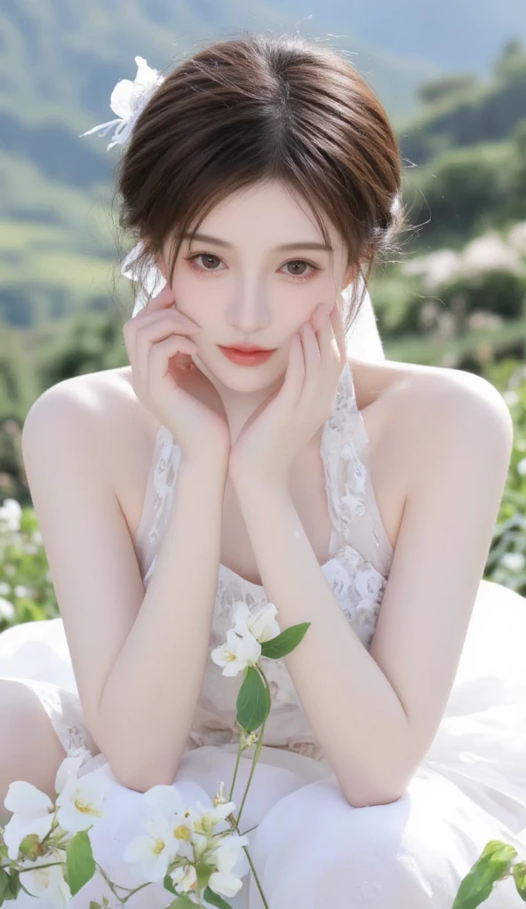 ((highest quality, 8K Raw Photo:1.5)), lace maxi dress, At the highland resort, Take in the view, (Ultra high definition, Highly detailed face and skin texture, Big Eyes, Detailed eyes, double eyelid, Round eyes), Curious, with their eyes shining brightly, 