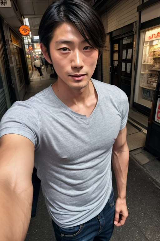 ((best quality)), ((masterpiece)), (detailed),Japanese male around 40 years old.he just wears a blue suit. He has a good muscular body. Sixpack. Hairy chest. He is an artist. Smile for everyone. He is standing on the road