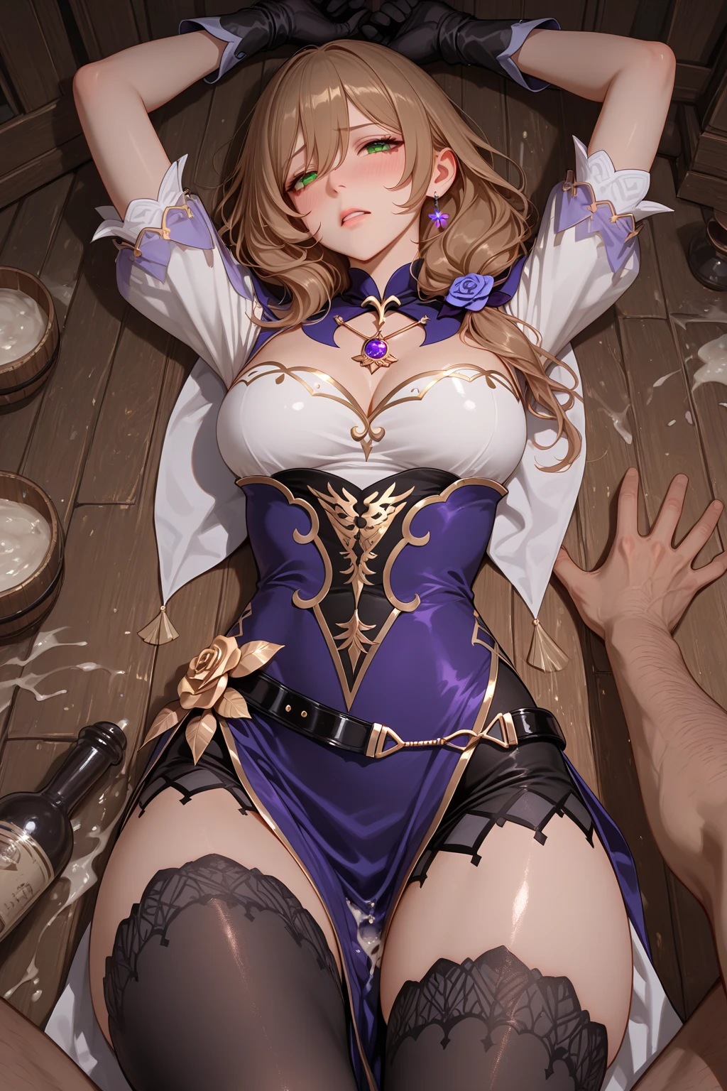 (One Woman),(Best image quality, 32K, masterpiece:1.3),((Brown hair bob cut:1.1)),(Swept-apart bangs,Braiding), (Cute eyes, Dark Eyes), (Detailed eyes),(Mole under right eye), (Standard weight), (Glowing Skin:1.1),(Pale skin:1.2),(A fantastic atmosphere),(look up),Ultra-high resolution, Textured skin, Sparkle Effect, 

Final Fantasy,female dragon knight,Blue-purple bikini armor,Black panties,Black spats,belly button,muscle,Blue-purple armor medieval tavern,Barrel mug,A defiant smile,sit,Crossing your legs,Cleavage,Panty shot