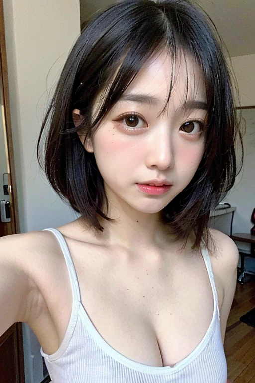 (Lie on your back in bed:1.3), masterpiece、(Professional Portrait、Professional Writing)、Detailed workmanship、High resolution、(8k, High resolution:1.2)、(born, Realistic:1.3)、Highest quality, Slim figure、High resolutionの顔、The face is in focus、High resolutionの目、(Concentrated, Symmetrical pupils:1.2)、High quality and beautiful skin、Firm Skin、Natural Makeup、Gloss lips, High-definition hair texture、(Embrace your chest:1.3) break (White nursing uniform、White nurse uniform:1.3) BREAK Japanese women、16 years old、very cute, (Very embarrassed:1.3), (blush:1.3), Similar faces&#39;I am going to cry:1.3、(Look up at the camera:1.2)、(color々Easy-to-shoot angle:1.3)、Mid-chest, Browsing Caution, Cleavage, (Open your mouth)