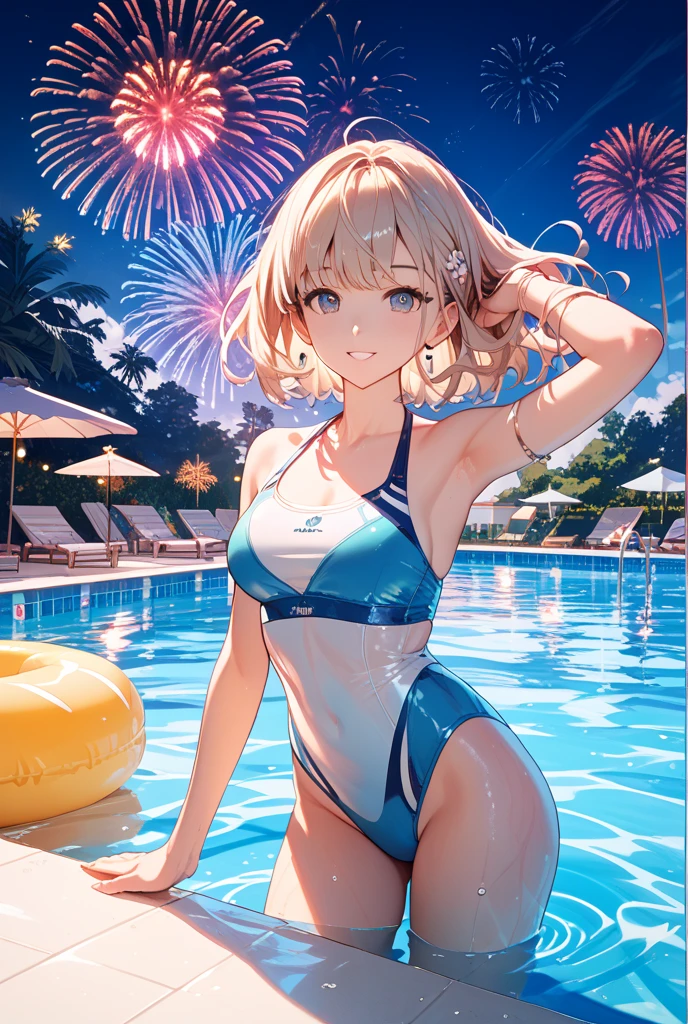 Night Sky、firework、smile、Blonde Hair、White Bikini Swimsuit、Palm Tree、beach、Blunt bangs、1 girl, 2D CG, Advanced Digital Animation Art, Anime characters