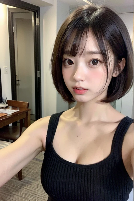 8K, table top, Raw photo, highest quality, realistic, Highly detailed CG Unity 8K wallpaper, Depth of the bounds written, cinematic light,ray tracing, (very beautiful face, beautiful lips, beautiful eyes), face with intricate details, ((highly detailed skin)) 1 girl, in the dark, deep shadow, 1 cute Japan girl, , ((looking at the viewer)),(half open mouth), (blurred background), beautiful earrings, bracelet, necklace, clear eyes, , (big eye ace forward, (upper body shot), , (looking at the viewer:1.3) open chest, Huge , Plump、 focusing,,((thin camisole、No bra))), Random hairstyles for short hair and up hair、black hair、blush、Sexy Inviting Poses、Fuck me eyes、18 ~ Random age between 35 years old、white skin、multiple moles:1.6