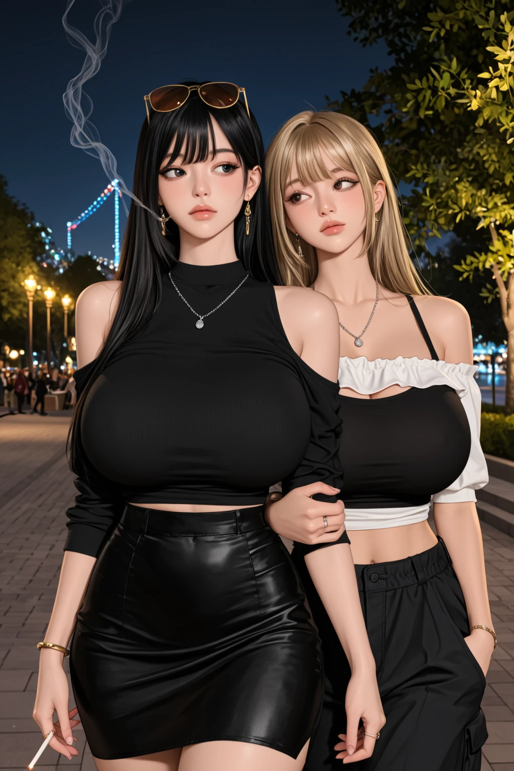Big breasts, they are read ((2 beautiful women, 30 years old)), ((2 women)) ((black blonde wavy hair natural punk style, voluminous side bangs)), double eyelids, light blue eyes, detailed eyes, hyper detailed, effect with clear eyes, detailed iris, with incredible breasts and perfect waist, and an extremely sensual body, ((Beautiful and sensual strapless dress, red and blue, stylish leggings)), ((round breasts))) , beautiful beautiful makeup, cleavage, ((masterpiece, hyper realistic, hyper detailed, best quality, 16k, light and shadow effect on skin, vivid colors)), eyeliner, passionate expression, perfect pink lips, innocent and sexy face , she is sassy, (( skin with light and shadow), beautifully seductive, ((she is beautiful)), elegant pose, flirting with the viewer, in variable sensual pose, at an elegant company party, beautifully seductive ((( (2 women with blonde hair and black hair, together at an elegant party))))