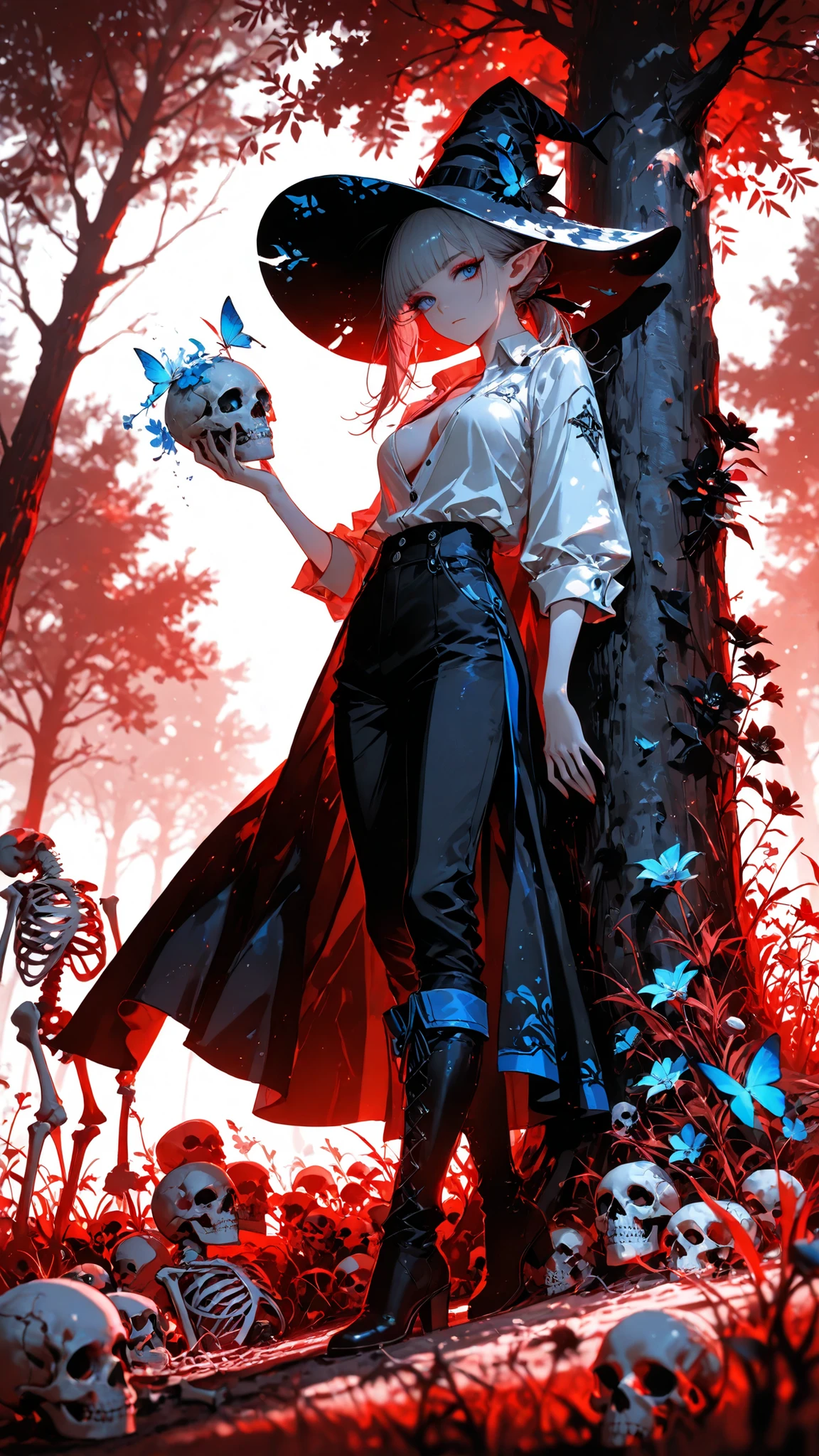 masterpiece, sharp detail, intricate detail,  1girl, (rella, konya karasue), pointy ears, blue eyes, long eyelashes, red eyeliner, silver hair, asymmetrical hair, black hairband, medium breasts, blunt bangs, long low ponytail, dynamic pose, full body,  looking at viewer, long eyelashes, holding skull, from below, against tree, leaning back, white shirt, blue trim, long shirt, floating shirt, partially unbuttoned, pants, black pants, big witch hat, knee boots, BREAK lily (flower), blue flower, butterfly, bone piles, skeleton, skulls, tall red grass, black flower, limited palette, tenebrism, from below, dutch angle, blurry foreground, unlit, hard shadows, deep contrast, BREAK chiaroscuro, volumetric lighting, dappled light, dramatic shadows, cinematic lighting, detailed background, 