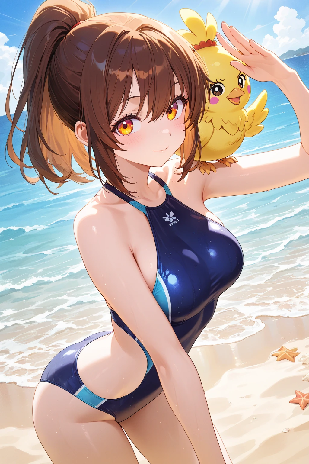 Kingdom hearts、((sky))、One young boy、cute、Blue Eyes、Spiky hair、Swimwear、Brown Hair、Gazing at the sea、Active、Tropical、beach、Groin bulge、Pinned nipples、(sitting and eating a square of blue ice cream)high resolution