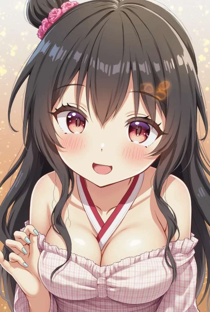 alone, One girl, Yunyun、(Blush 1.6) 、View your viewers, Crown braids of the same color as your hair, Red Eyes、hair ornaments, Hair Ribbon, (White and pink bikini)、bed、(Wet)、(Embarrassed face 1.8)、Nipples are visible、(Lift up your bikini to expose your boobs:1.2)