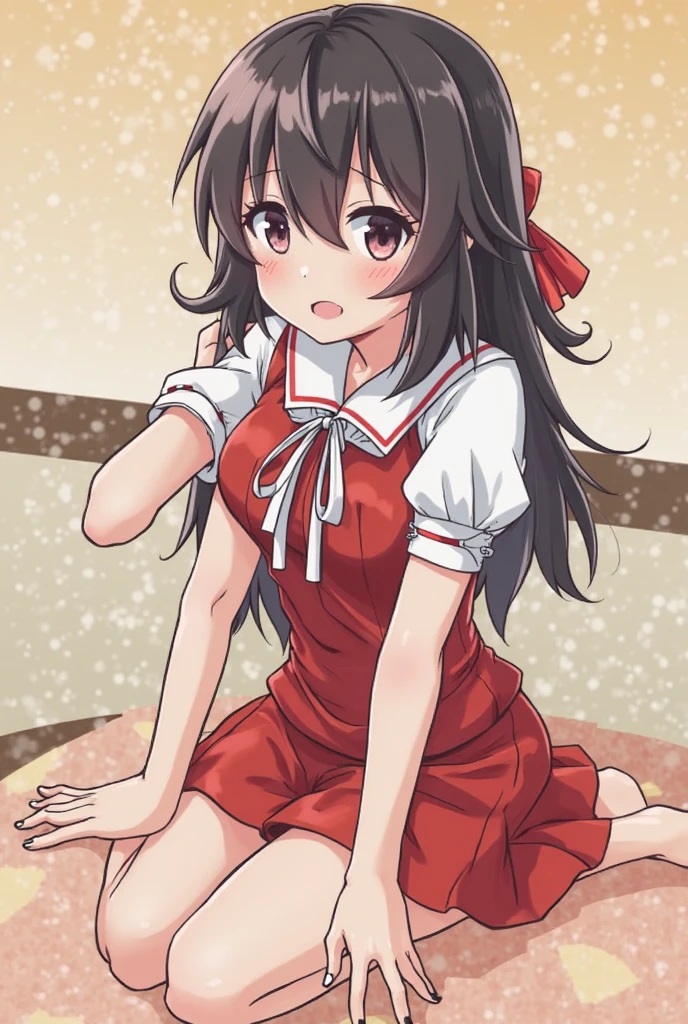 Draw Megumin from Konosuba with her legs open, lying on the floor, letting her dress reveal her panties, and her tunic unbuttoned, revealing a bit of her breasts.