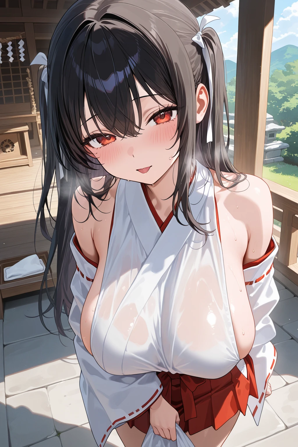 (Masterpiece, best quality, high res、highly detailed cg: 1), Create an image of a married woman who is blushing and slightly embarrassed, saying "Don't tease an old woman like me." Despite her embarrassment, she seems somewhat pleased to be seen as a woman. Her expression should reflect a mix of shyness and subtle happiness, and her body language should show a hint of awkwardness but also a touch of pride. ((red ribbon, hair band)), 35 years old, nsfw, Big tits, Rutting eyes