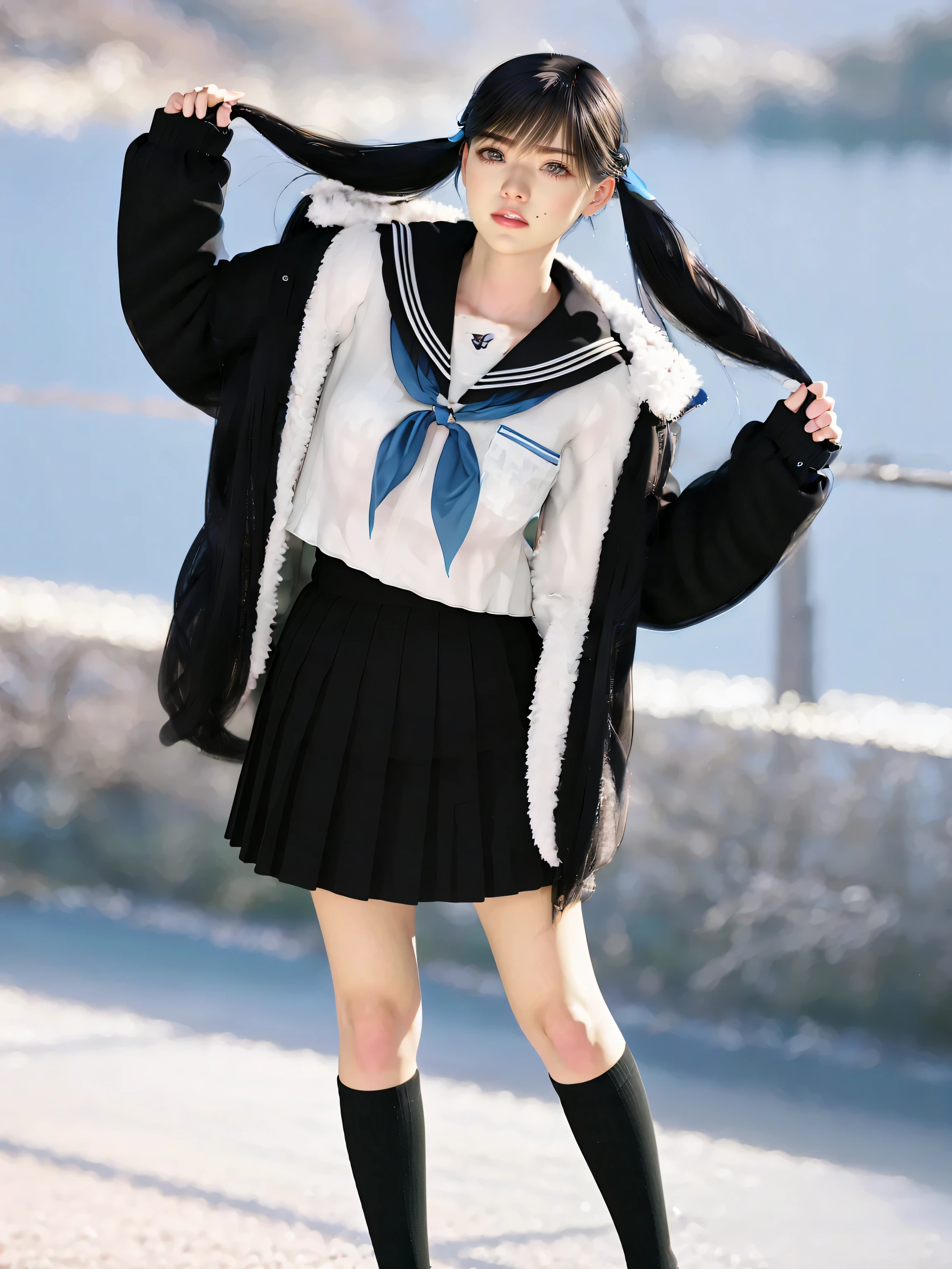 (8k, Highest Quality , masterpiece:1.2), ( realistic, photo- realistic:1.37), very detailed, Highest Quality , Very Stunning, professional lighting , photon mapping , emissivity, represents a spectacular natural landscape with physically-based rendering, Cinematic Light , late night road, depth of the letter frame , sharp concentration ,Sunshine, Good composition,(Bokeh:1.2) 1 girl, Alone,(Full Body), ( She closed her mouth ), Beautiful and Cute Eyes , pause, thin waist, Hand job for Japanese high school girls , black hair, messy hair, Long Hair ,sailor、女子高校生のsailor服、