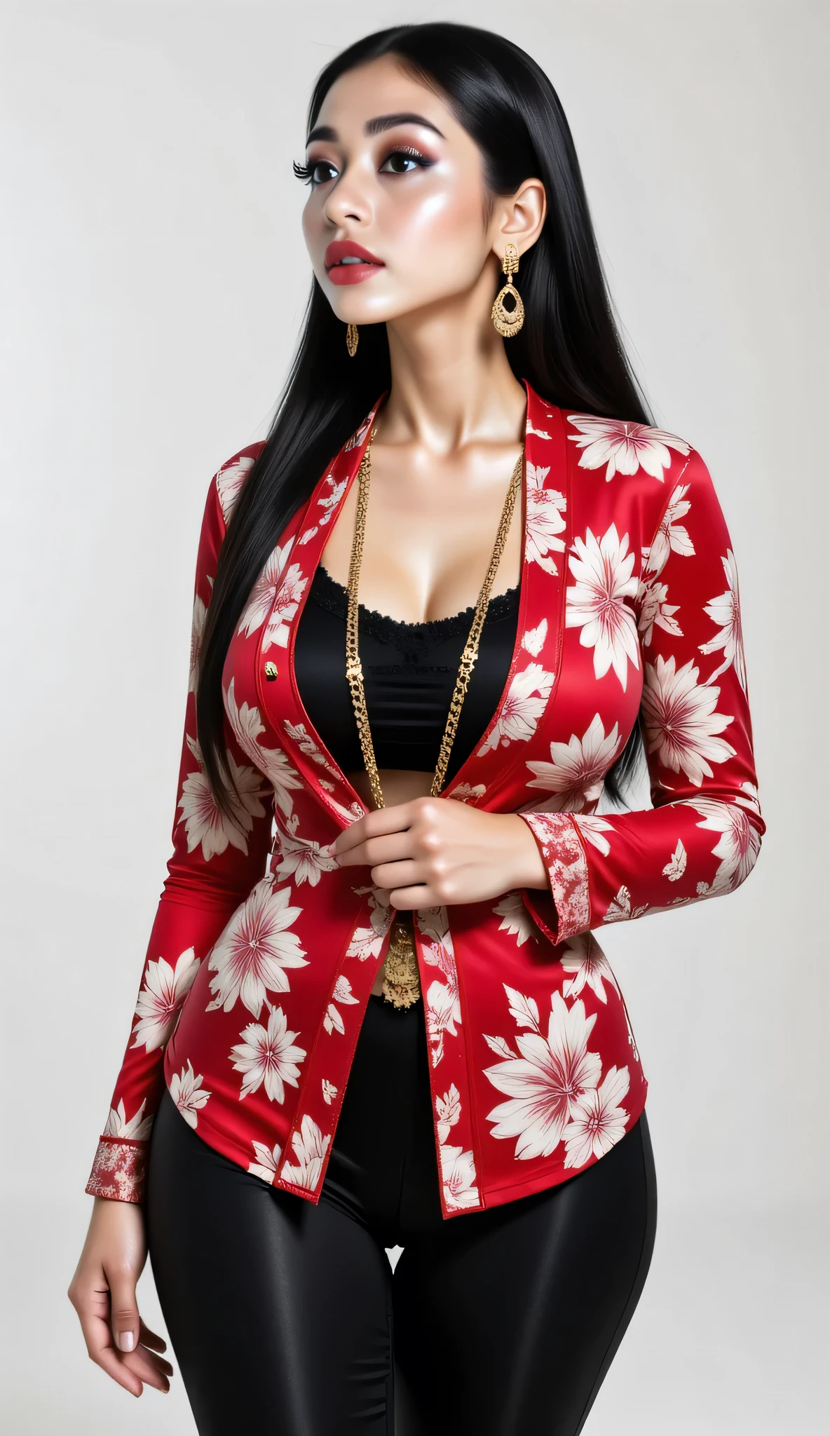 ((realism, photorealistic, life-like photograph, full body image with focus centered on her necklace)), beautiful skinny Javanese 18year girl athletic supermodel, dark long straight hair windy, soft shiny eyes, goth blackout eyeshadow, bright lipstick, realistic Oriental Goth girl athlete, modest modern ((([red white floral-pattern summer men's shirt with buttons over a tight black t-shirt]))), black yoga pants, pale skin, albino skin porcelain white, heavy gold chain necklace with ruby pendent,   her back is arched to make her oversized breasts more prominent, head tilted back, her lips are slightly parted and her eyes are narrowed from ecstasy, erotic modeling pose turned slightly to the side, nothing in the background but a whitescreen at her modeling shoot
