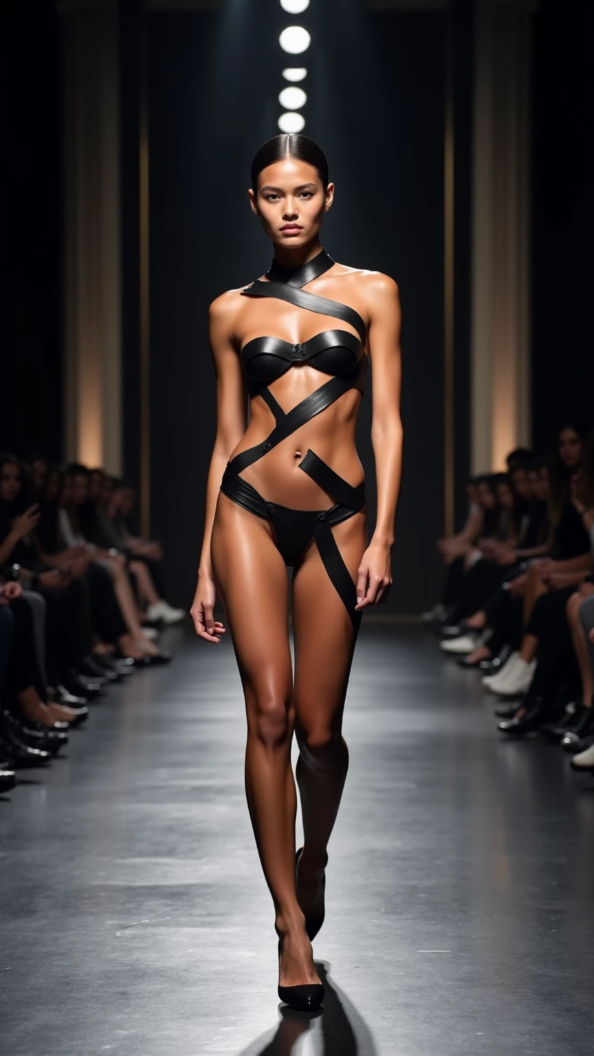 Create the ultra realistic midjourn v.5 type image of a model (black African features with perfect symmetrical eyes afro hairstyle, perfect full body parading) towards the camera confidently on the runway, (((wearing swimsuit))) ((tiny detailed neckline adjusted ultra modern symmetrical design perfect fit)) (detailed polyamide meryl fabric, apply high fashion photographic style to capture the essence of a glamorous fashion show by front lens of 80 mm, ((no duplicate person)), (no clone), no bad ocular acimetria, no deformed face.