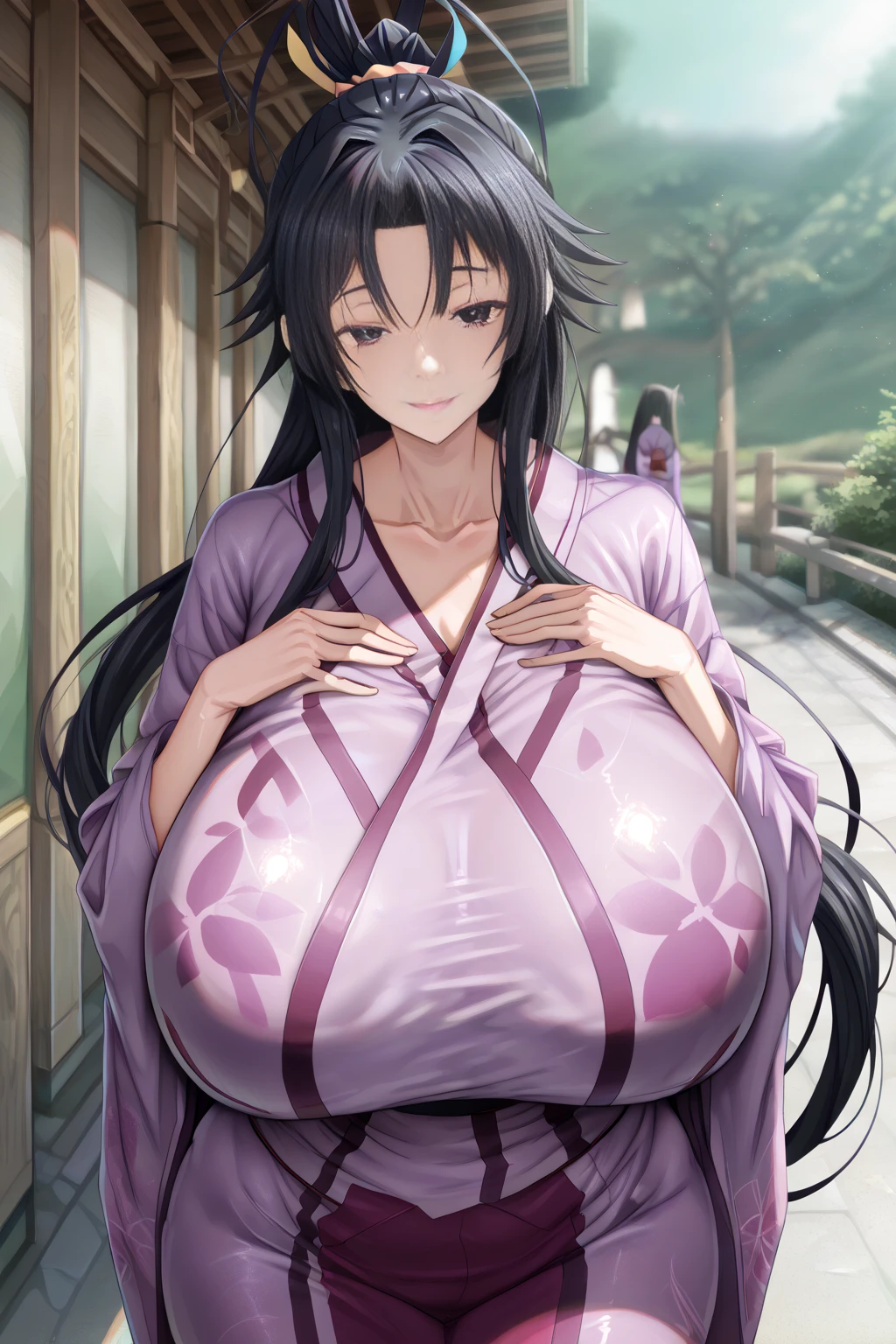 masterpiece, (pink kimono), seductive face, good lighting, décolleté, fine details, masterpiece, glowing eyes, big naked boobs with nipples, porn, sexy, 1girl, black hair, gag, bamboo, Nezuko Kamado, wisteria background, masterpiece, best quality, POV, whole body, wide hips,