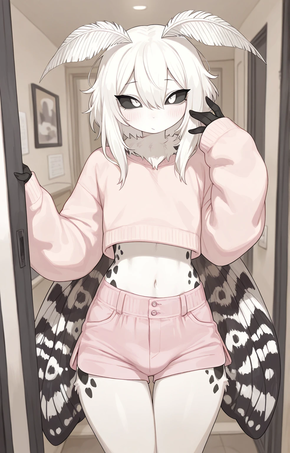 A shirtless girl,The soft black color is very hairy,Spread your legs,sitting on top a table,She has fox ears