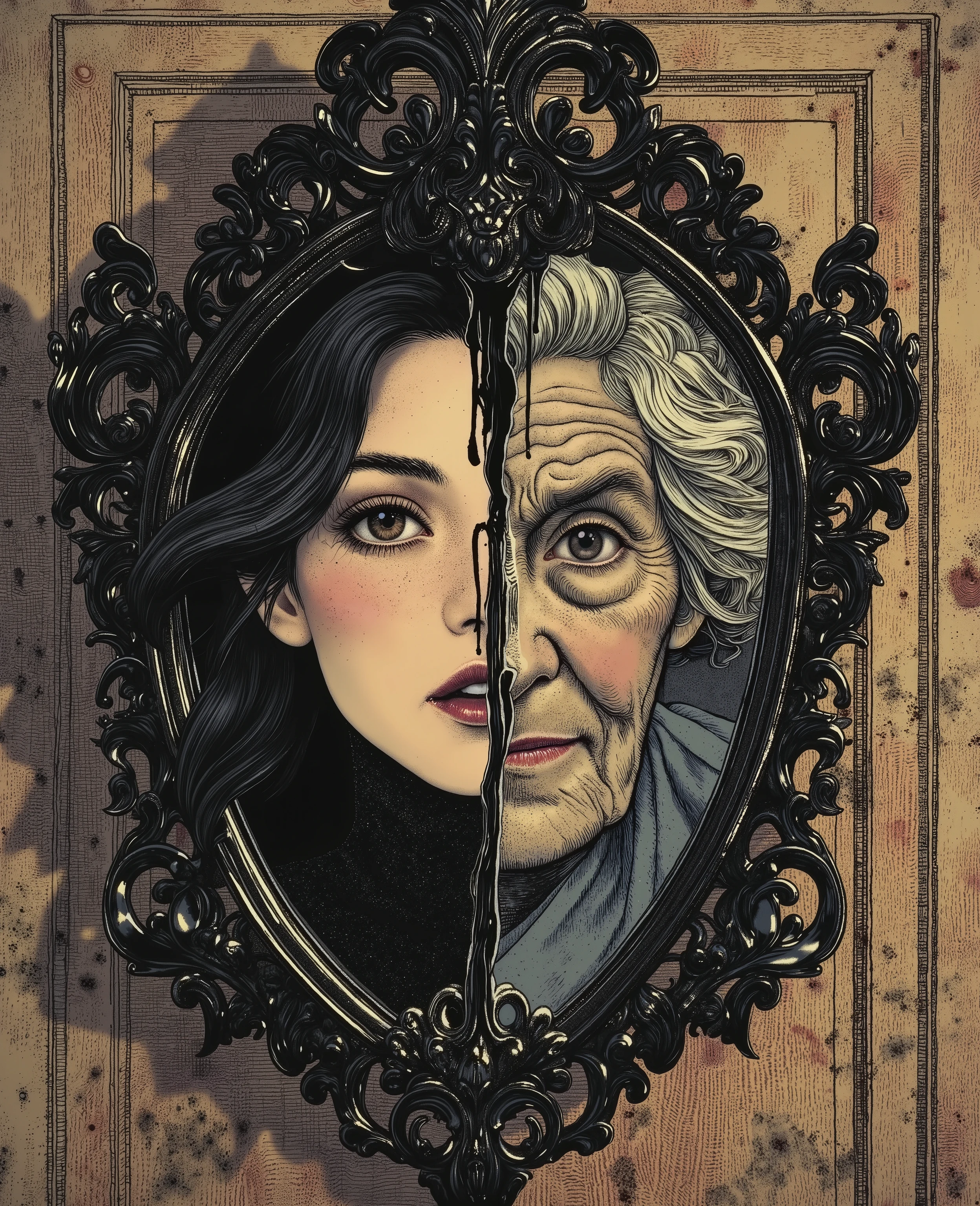 (young woman in the mirror ）and（ old woman's face outside the mirror), close-up, showing the relentlessness and changes of the years, but every woman will only remember her younger self, black ink dripping, glossy dripping flowing ink, bubbling churning abstract flowing liquid watercolor, mixing colorful watercolors, antique vintage magazine layout, abstract dark fashion, modern fashion magazine cover, glossy glittering water, ultra realistic detail, hyper-realistic Gorgeous intricate detail photo,