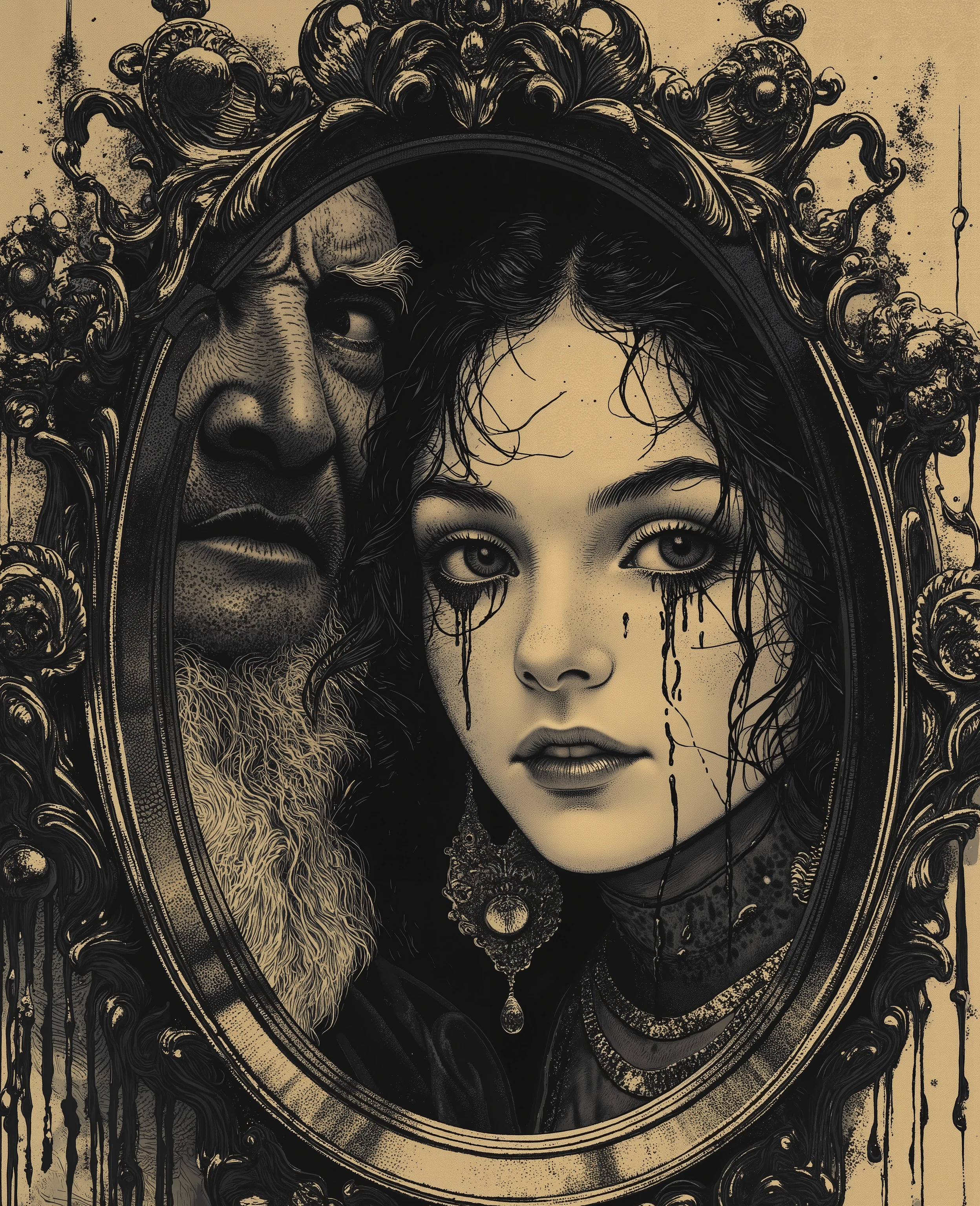 (young woman in the mirror ）and（ old woman's face outside the mirror), close-up, showing the relentlessness and changes of the years, but every woman will only remember her younger self, black ink dripping, glossy dripping flowing ink, bubbling churning abstract flowing liquid watercolor, mixing colorful watercolors, antique vintage magazine layout, abstract dark fashion, modern fashion magazine cover, glossy glittering water, ultra realistic detail, hyper-realistic Gorgeous intricate detail photo,