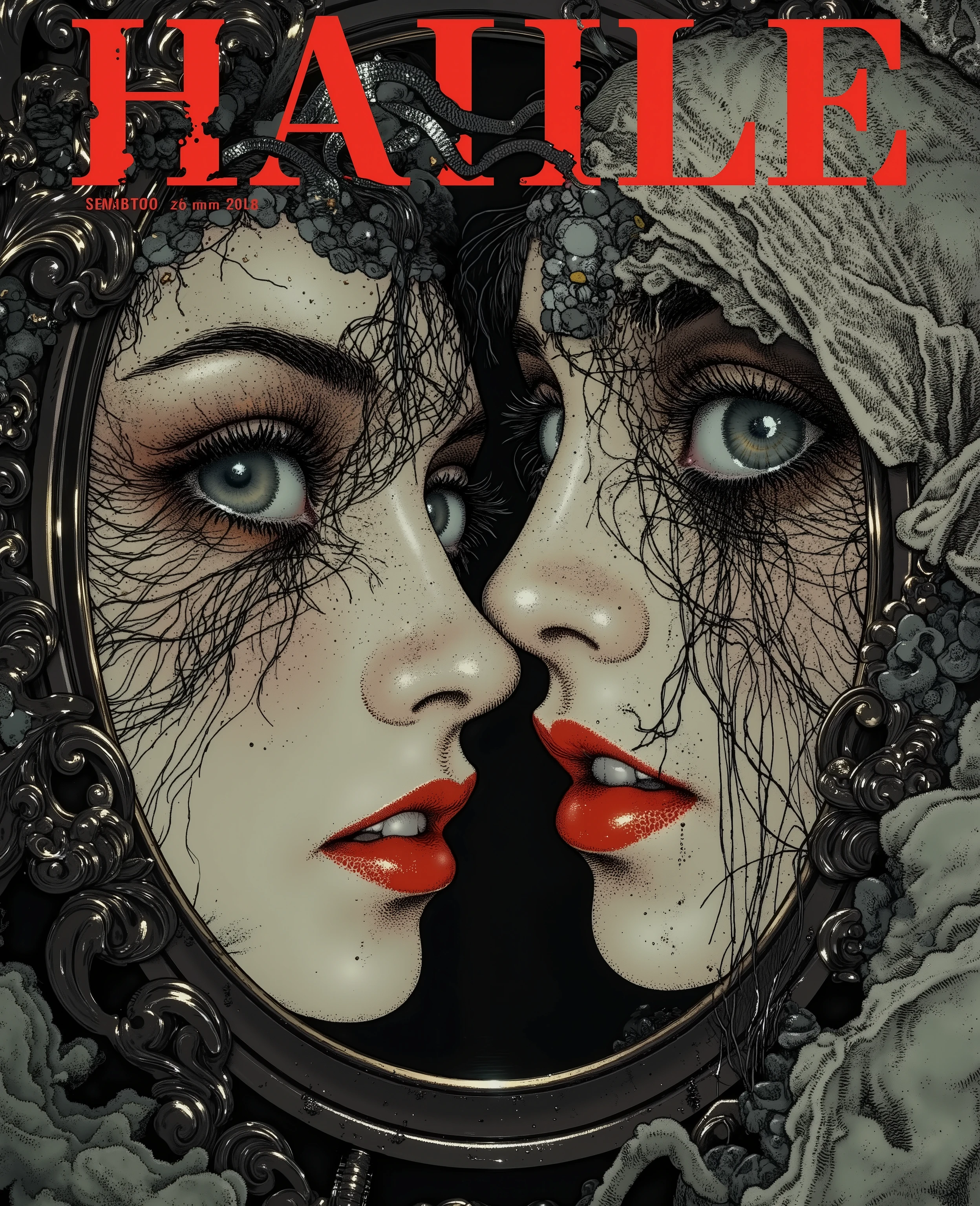 (young woman in the mirror )and( old woman's face outside the mirror), close-up, showing the relentlessness and changes of the years, but every woman will only remember her younger self, black ink dripping, glossy dripping flowing ink, bubbling churning abstract flowing liquid watercolor, mixing colorful watercolors, antique vintage magazine layout, abstract dark fashion, modern fashion magazine cover, glossy glittering water, ultra realistic detail, hyper-realistic Gorgeous intricate detail photo,