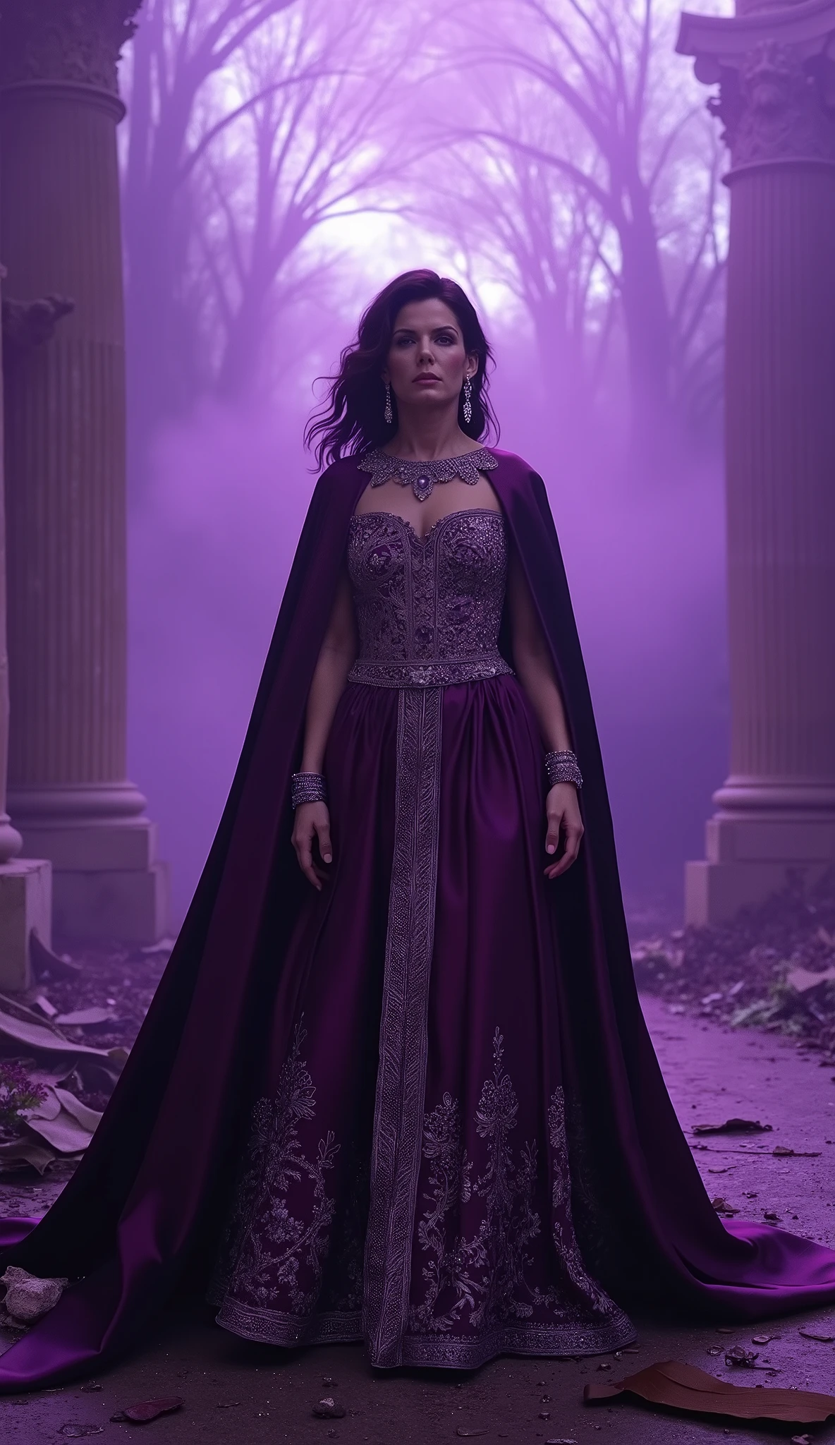 Sandra Bullock wearing a royal deep-purple evening gown with silver embroidery, flowing silk cape, diamond earrings, regal posture. Shot from knees up, ultra-realistic 4K. Background: gothic ruined arena with shattered pillars, swirling purple mist, massive glowing 'APEX' hologram in the sky.