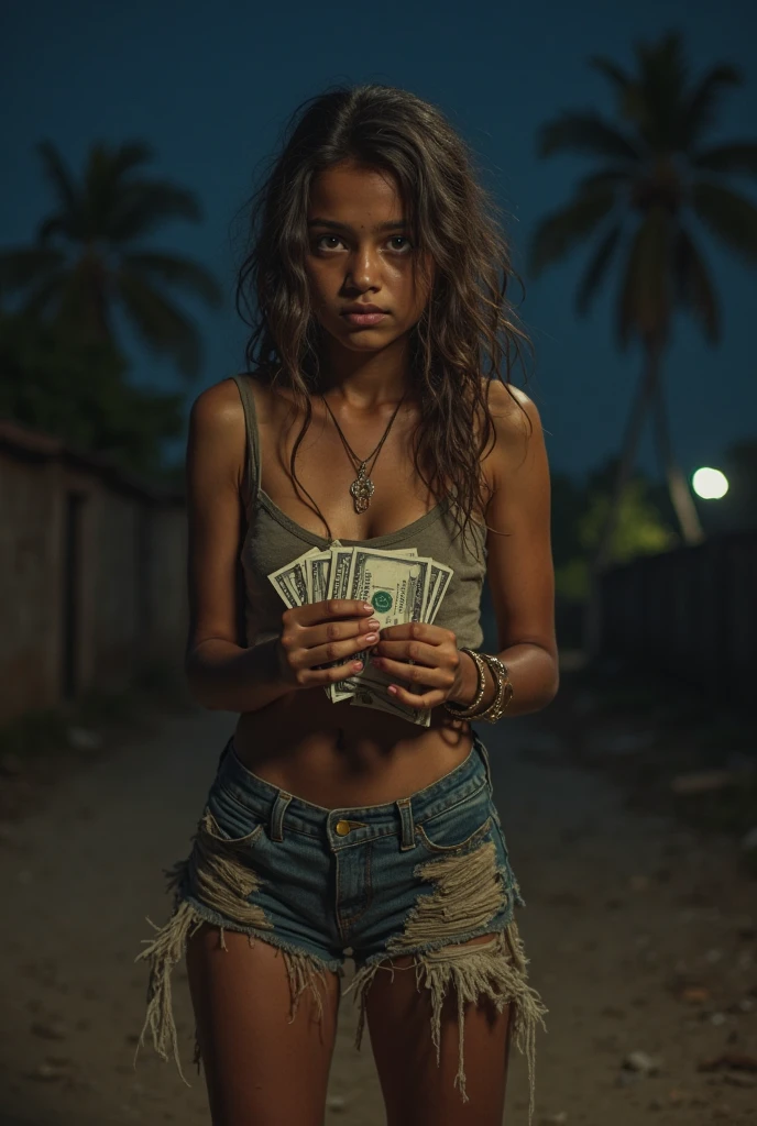 night in a simple house, beautiful young indonesian women, voluptuous, sweating, messy hair like just woke up, wearing a tank top, tattoo "yusuf" on his chest, in front of him there is a hand giving rupiah money, against a dull wall, wet hair, Low light