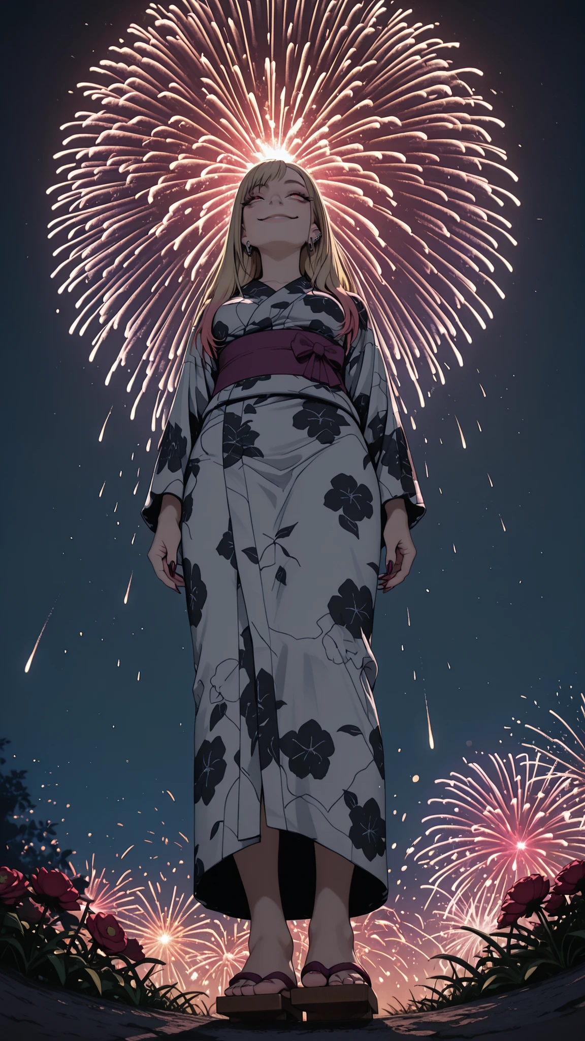 HDR, 8K, masterpiece, best quality, amazing quality, very aesthetic, realistic, newest, volumetric lighting, (flat colors:0.7), (artist:incase:0.3), (artist:tsuaii:0.3), Sinozick_illu, Marin Kitagawa, 1girl, blonde hair, long hair, multicolored hair, red eyes, nail polish, fingernails, earrings, ear piercing, barbell piercing, smile, looking at sky, seductive look, teasing smile, playful gaze, flirty expression, smirking, lidded eyes, alluring eyes, cheeky smile, suggestive look, standing, yukata, break, summer, summer yukata, lightweight fabric, geta, full body, BREAK, flower field, summer, night, (fireworks) , lens flare, vibrant flowers, outdoor background, (((from below, low angle shot, upward perspective, looking up angle, ground POV, from ground level)))