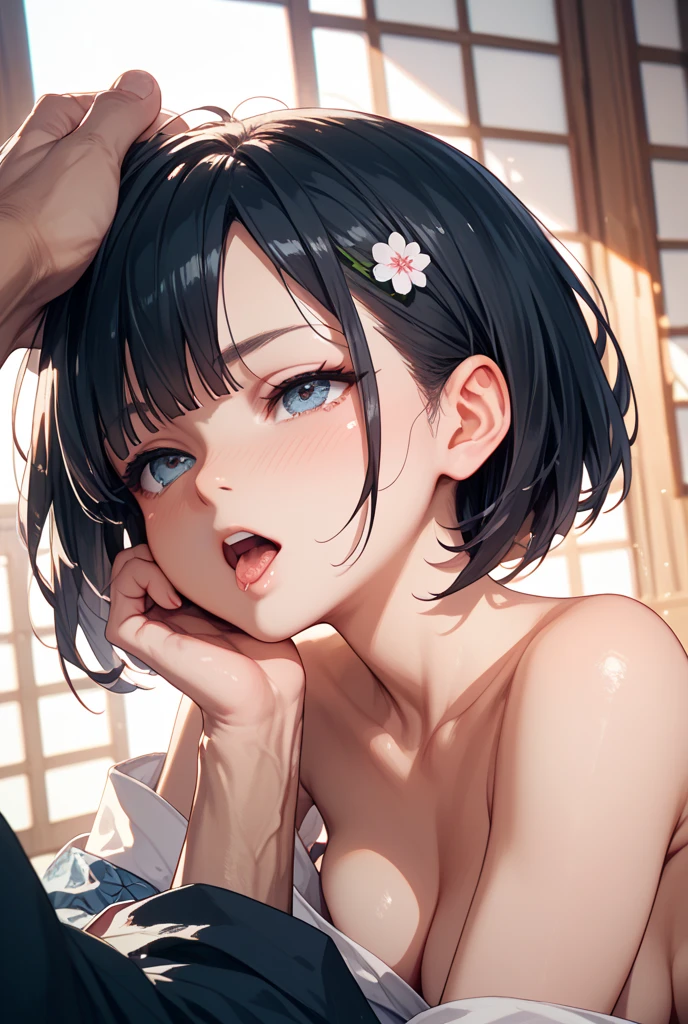highest quality, High resolution, from above, Sweating profusely, dripping, Looking up, Open your mouth, Black Hair, short hair, Glowing Skin, naked, Accurate nipples, clavicle, Sparkling eyes, blush, Abdominal muscles, sharp focus, moody lighting, night