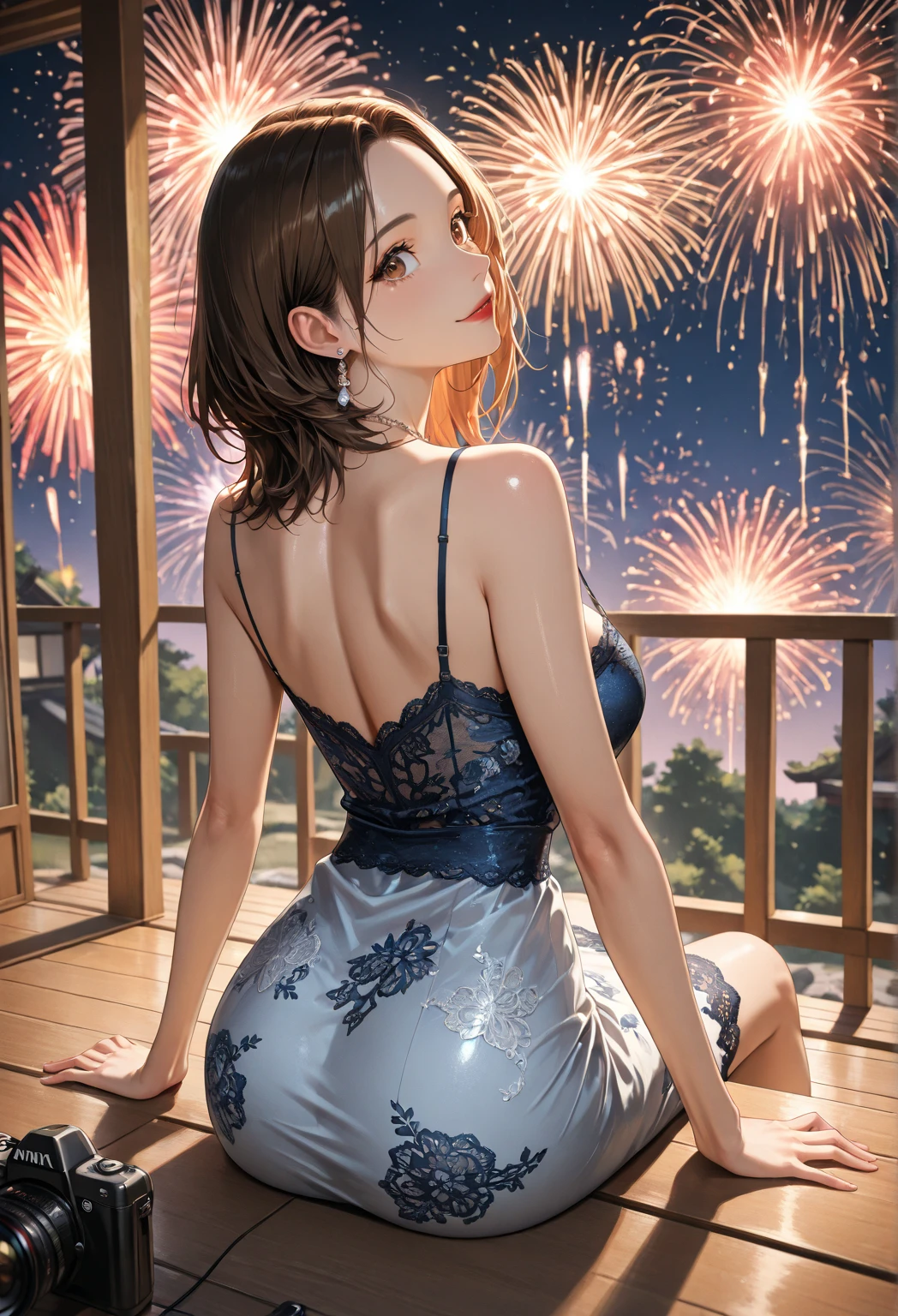 masterpiece, best quality, 1girl, dynamic angle, sparkle_background, lens_flare, barefoot, blush, strap_slip, rainbow, fireworks, bare_shoulders, sitting, dress