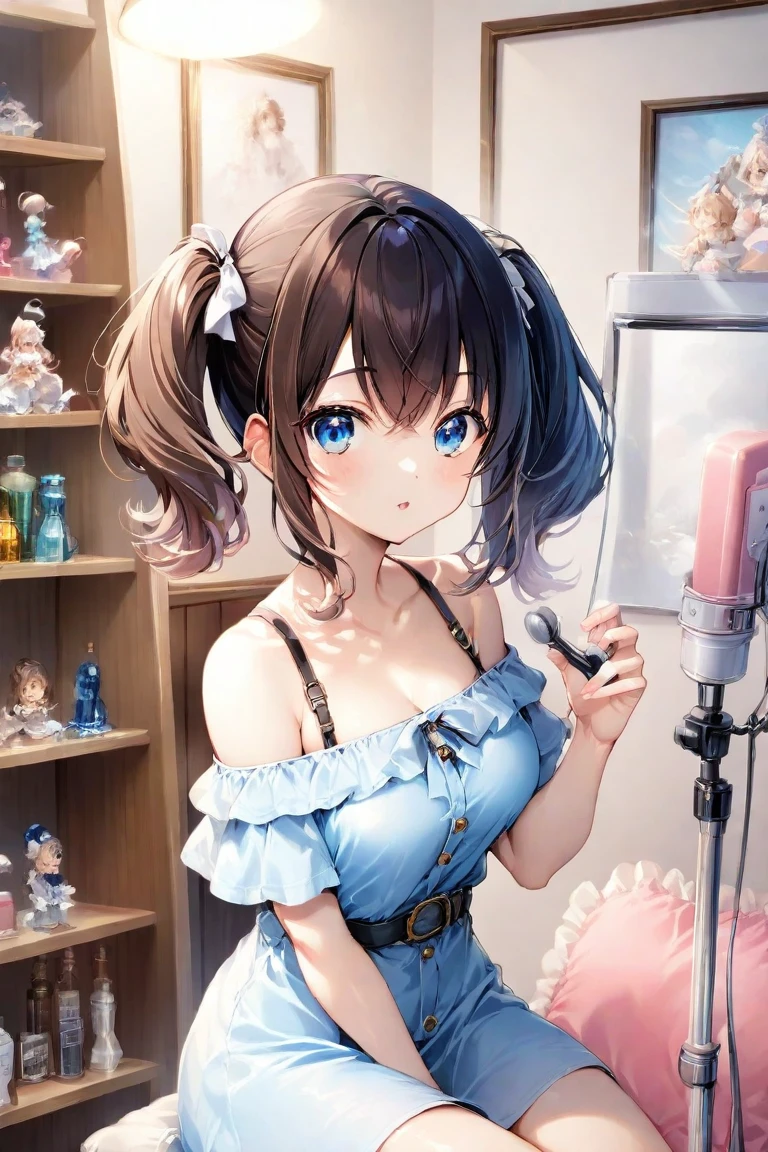 (Highest quality,8k,32K,masterpiece,Ultra-high resolution :1.2 ),born,One girl,Super cute,Natural light,Clear, shining eyes,20-year-old,Fair skin,Beauty salon digital world fantasy background,Black Hair,beautician,Large Breasts,Holding scissors,short hair,An innocent smile