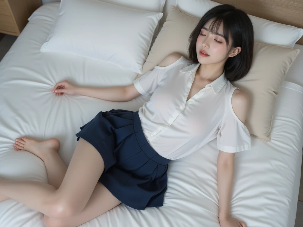 ((Secretary Uniform)), White blouse shirt with collar(open-shirt), flat breast, String panties、president’s office, Wet crotch, A smile, (in 8K, Raw photography, top-quality, masterpiece: 1.2), masterpiece, The ultra-detailliert, 超A high resolution, (Realistic and realistic photos: 1.37), high-definition RAW color photography, extremely delicate and beautiful, ighly detailed, 8K Wallpapers, astonishing, detaileds, extremely detailed eye, highlydetailed skin, extremely detailed fingers, highly detailed nose, highly detail mouth, perfect anatomia,full body Esbian, a wet body,, Sheer feeling、Transparency(Nipple head visible on the shirt)、Extremely small panties(pubic hair sticks out)、sideways Facing