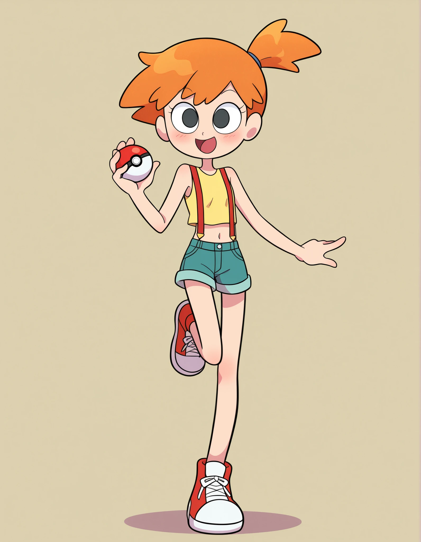 miwako,, masterpiece, best quality, amazing quality,
1girl, solo, no pupils, toon \(style\), 
misty \(pokemon\), black eyes, red hair, very short hair, side ponytail, yellow tank top, midriff, red suspenders, denim, short shorts, bare legs, red sneakers, flat chest, holding, holding poke ball, poke ball, blush, :d, happy, leg up, standing on one leg,